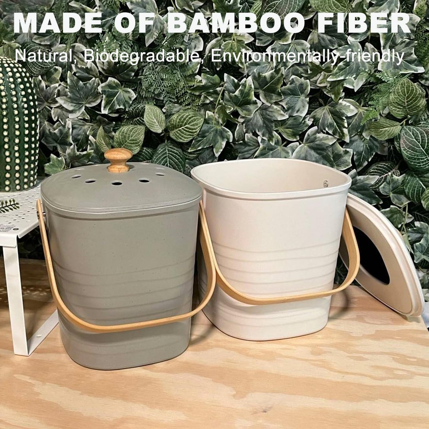 Compost Bin Kitchen, LALASTAR Countertop Compost Bin with Lid, Made of Sustainable Bamboo Fiber, Odorless Indoor Compost Bucket, 1 Gallon, Grey, Square