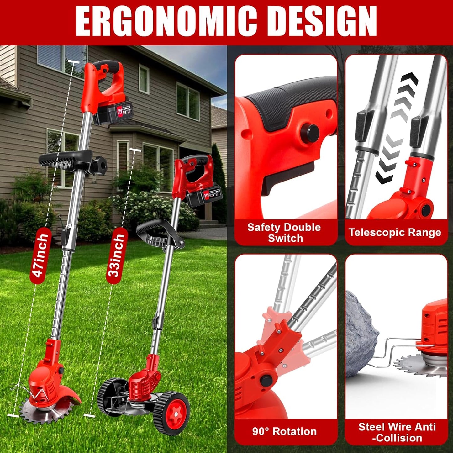 Cordless Weed Wacker, Electric Grass Trimmer 21V 2.0Ah Battery Powered Weed Trimmer, 3 in 1 Stringless Lightweight Brush Cutter/Edger/Mower with 4 Types Blade & Wheels for Garden and Yard Lawn