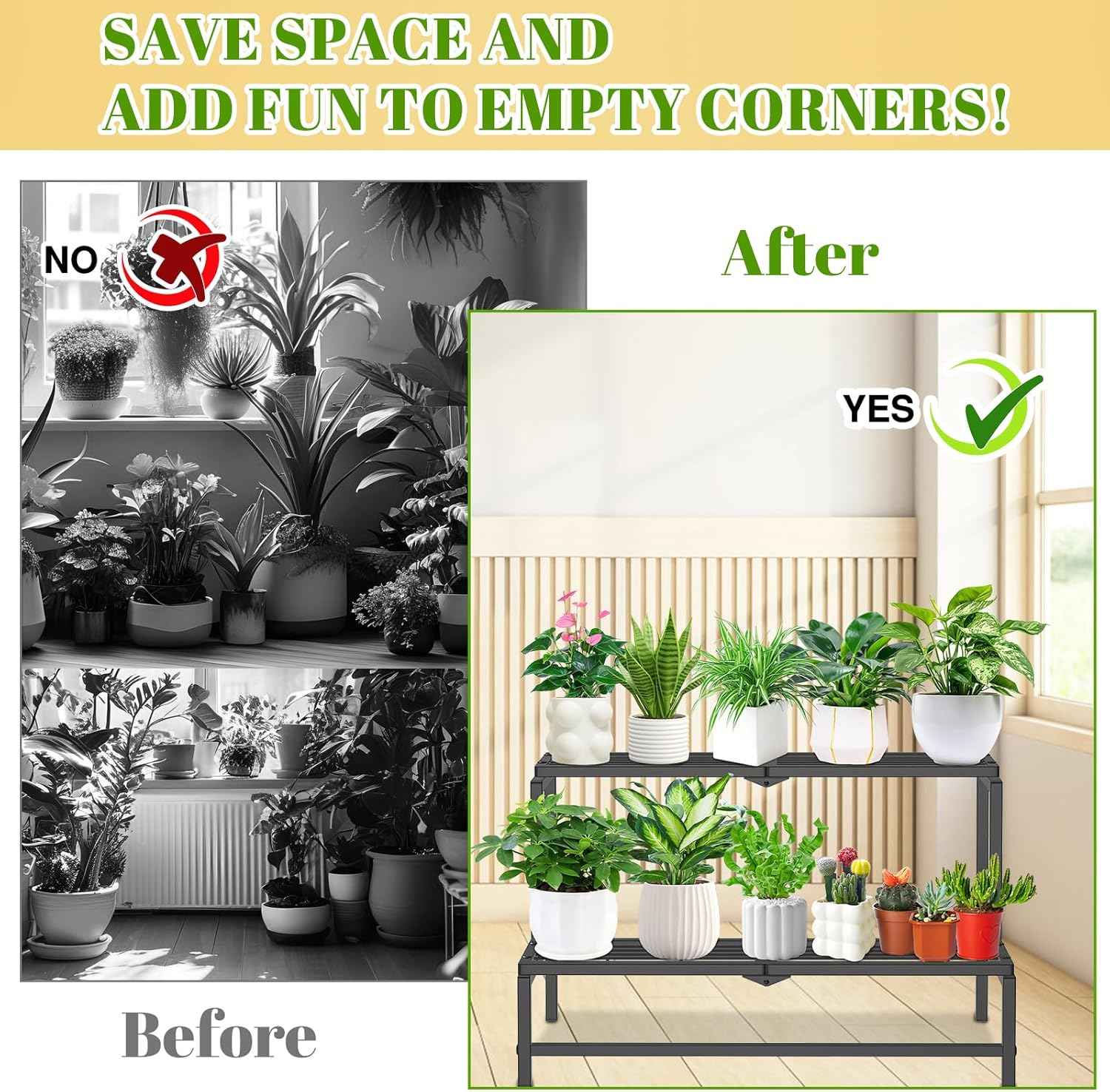2 Tier Plant Stand Indoor Outdoor, Heavy Duty Metal Tall Plant Shelf for Multiple Flower Planter Holder, Ladder Pot Display Rack for Patio Garden Corner Balcony Living Room (Black)