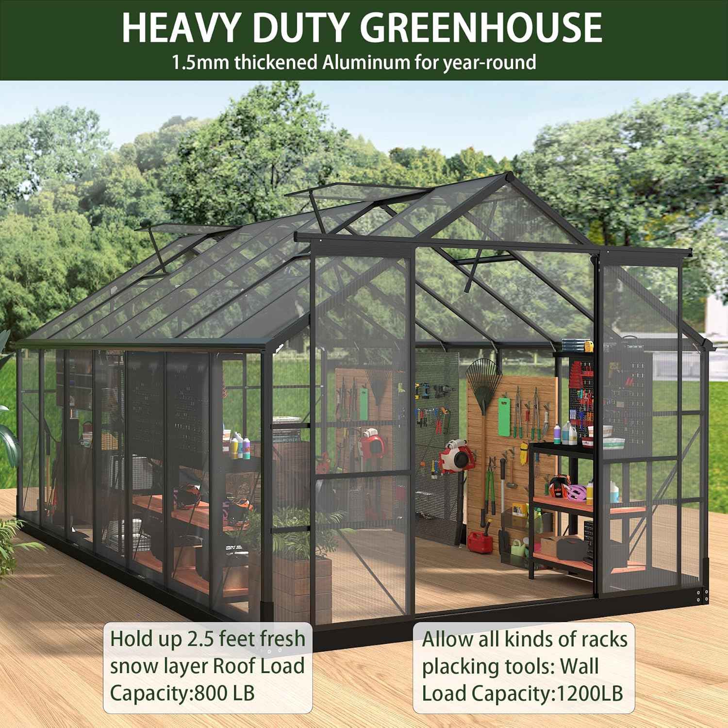 Polycarbonate Greenhouses, 8x16 FT Green Houses for Outside with Adjustable Roof Vents, Walk-in Aluminum Frame Greenhouse, Windproof, Garden, Backyard Outdoor (8x16FT)