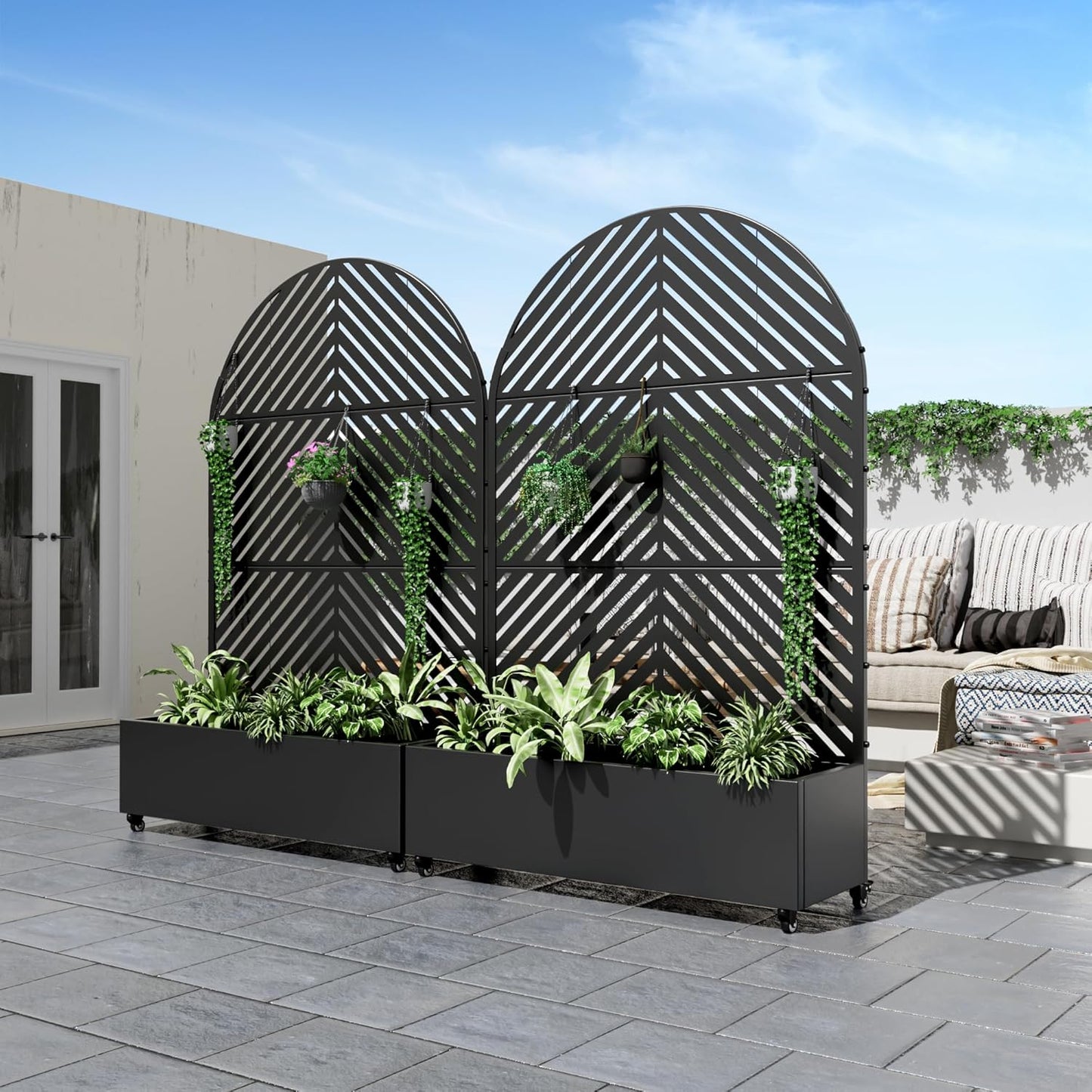 Casaphoria Metal Raised Garden Bed with Trellis and Wheels, 72"x47"x16" Arched Planter Box for Climbing Plants, Vegetables & Vines, Features Drainage Holes and Privacy Screen (Black-Parallel)