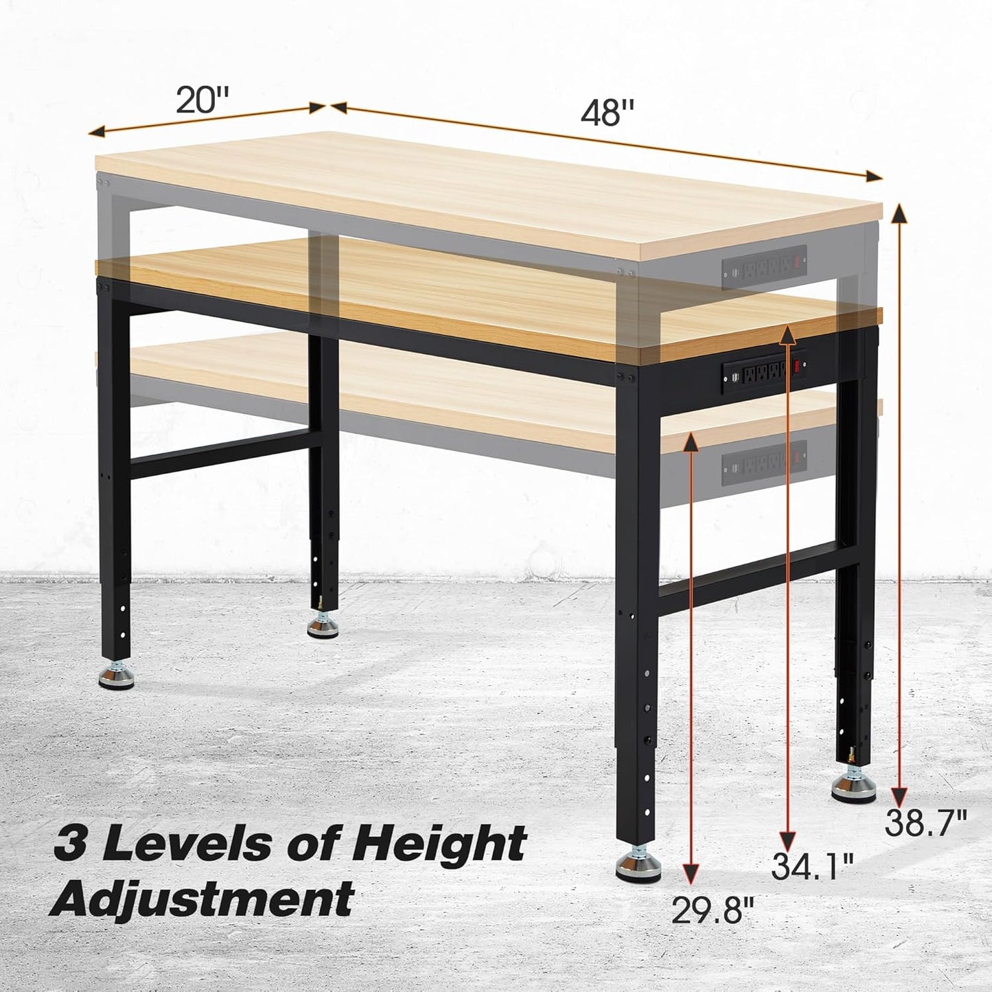 48” Adjustable Workbench，Heavy Duty Wood Work Bench 2000 Lbs Load Capacity,Work Table with Power Outlet for Garage, Workshop, Office, Home