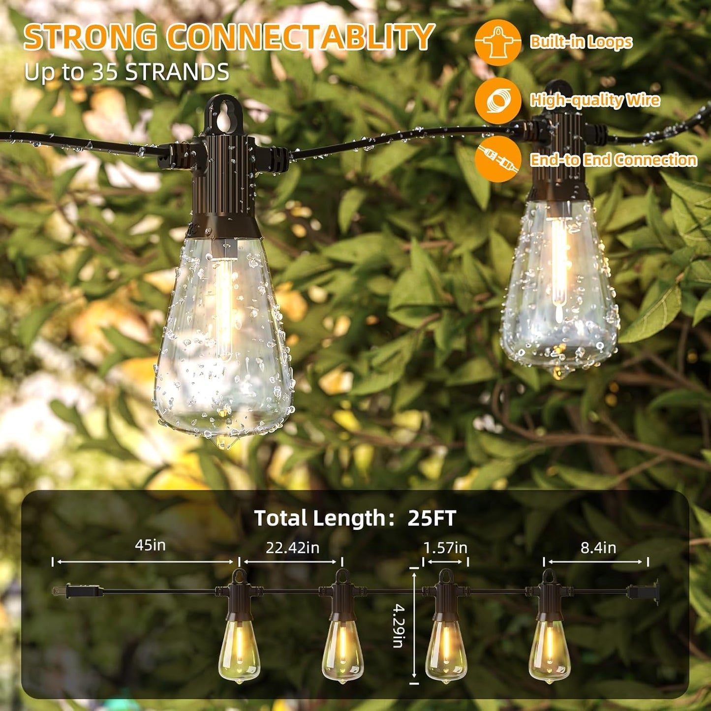 LED Outdoor String Lights, 25FT Outside Waterproof Patio Lights with 12+1 Shatterproof ST38 Edison Bulbs, 2700K Warm White Hanging Light, Dimmable Light for Back Yard Porch Party Gezebo