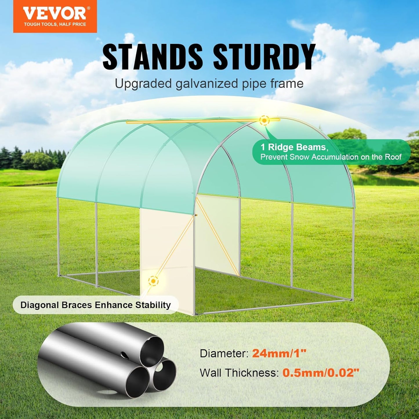 VEVOR Walk-in Tunnel Greenhouse, 9.6x6.4x6.2 ft Hoop House Greenhouse Tunnel, Plant Hot House with Galvanized Steel Frame, Green PE Cover, Roll-up Zipper Door and 6 Windows for Outdoor