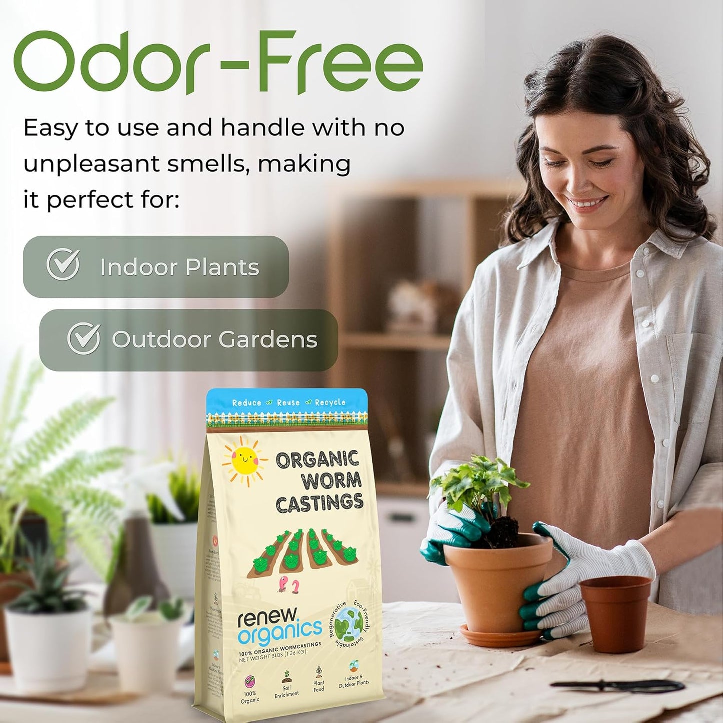 100% Organic Worm Castings (3lbs) - Earthworm Fertilizer & Soil Amendment for Indoor Outdoor Plants Gardens Vegetables - Odorless Non-Burning Pet Safe