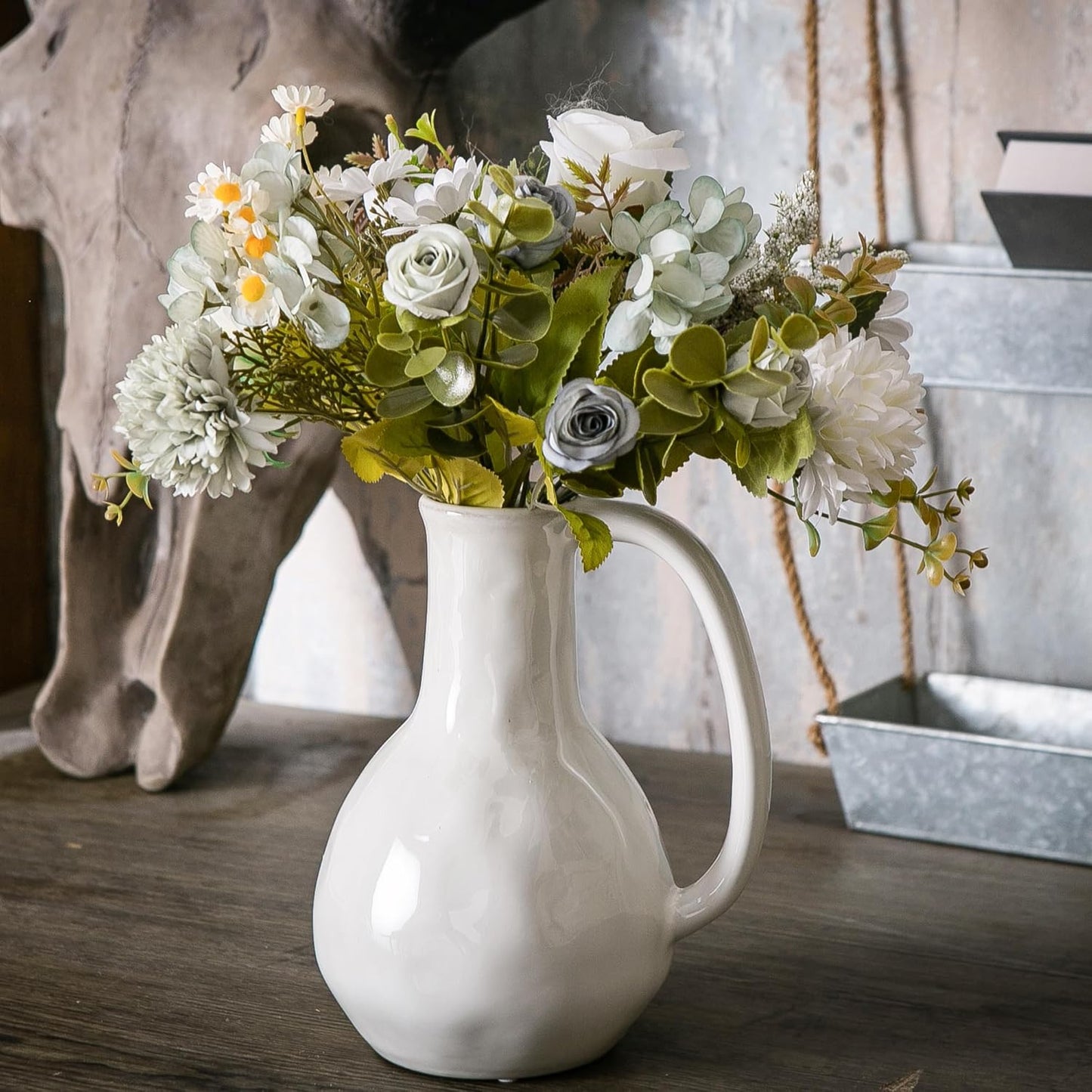 White Ceramic Vase with Big Handles, Modern Farmhouse Decor, Rustic Pottery for Flowers, Decorative Terracotta Centerpiece for Dining Table