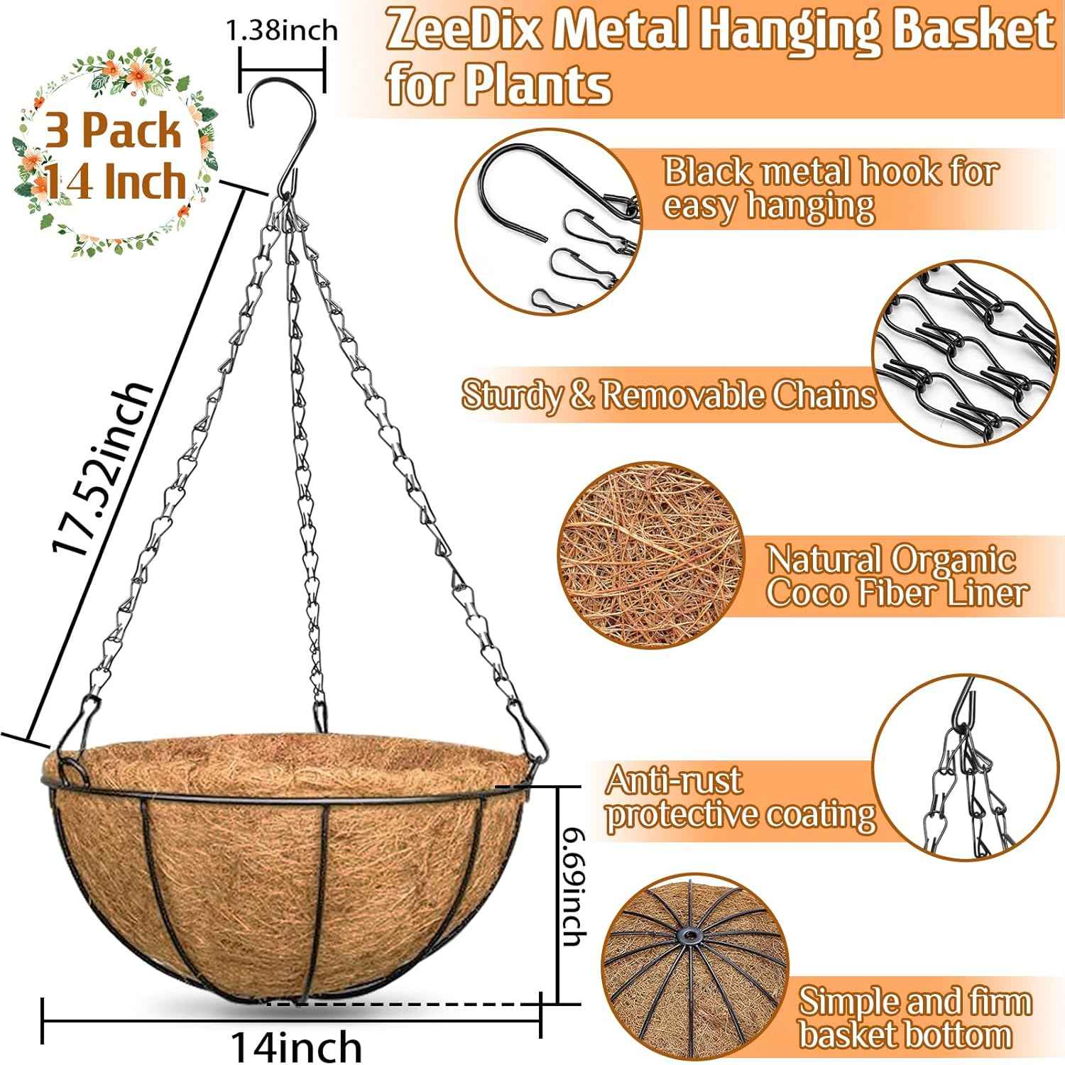 ZeeDix 3 Pack 14 Inch Hanging Baskets for Plants Outdoor Indoor, Metal Hanging Planters Flower Pots with Coco Liners Replacement, Decor Garden Flowers Vegetables Plants