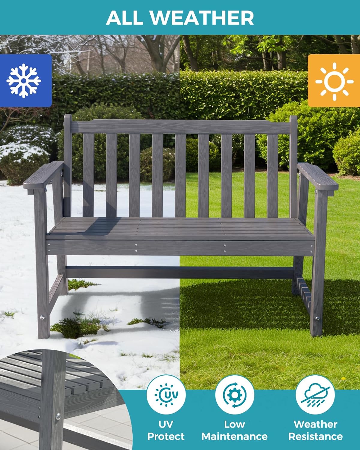 Outdoor Bench, 2-Person HDPE Garden Bench, All Weather Poly Patio Bench for Outdoors, Garden, Backyard, Porch and Park, 550 lbs Weight Capacity, Grey