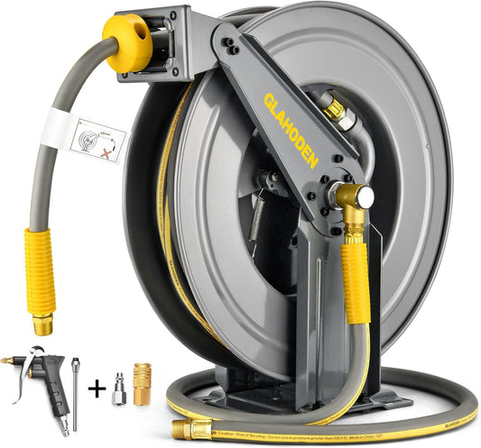 Double Arm Retractable Air Hose Reel, 3/8 in × 80 ft Hybrid Hose Heavy Duty Steel Professional Air Compressor Hose Reel with 5 ft Lead in Max 300PSI Auto Rewind Quick Coupler Swivel Fitting