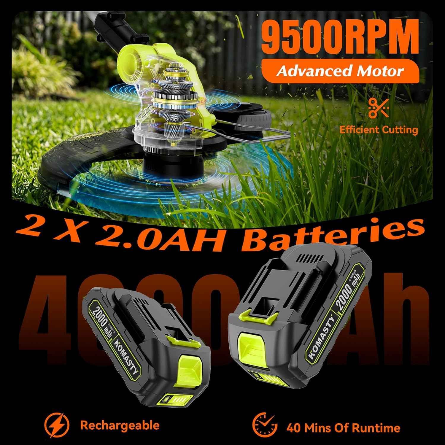 20V Electric Weed Wacker Cordless Edger Lawn Tool 2 X 2.0Ah Battery Powered Weed Eater with Charger, 12 Inch Lightweight String Trimmer, Auto Line Feed Grass Cutter Lawn Mower Garden Tools Yard Green