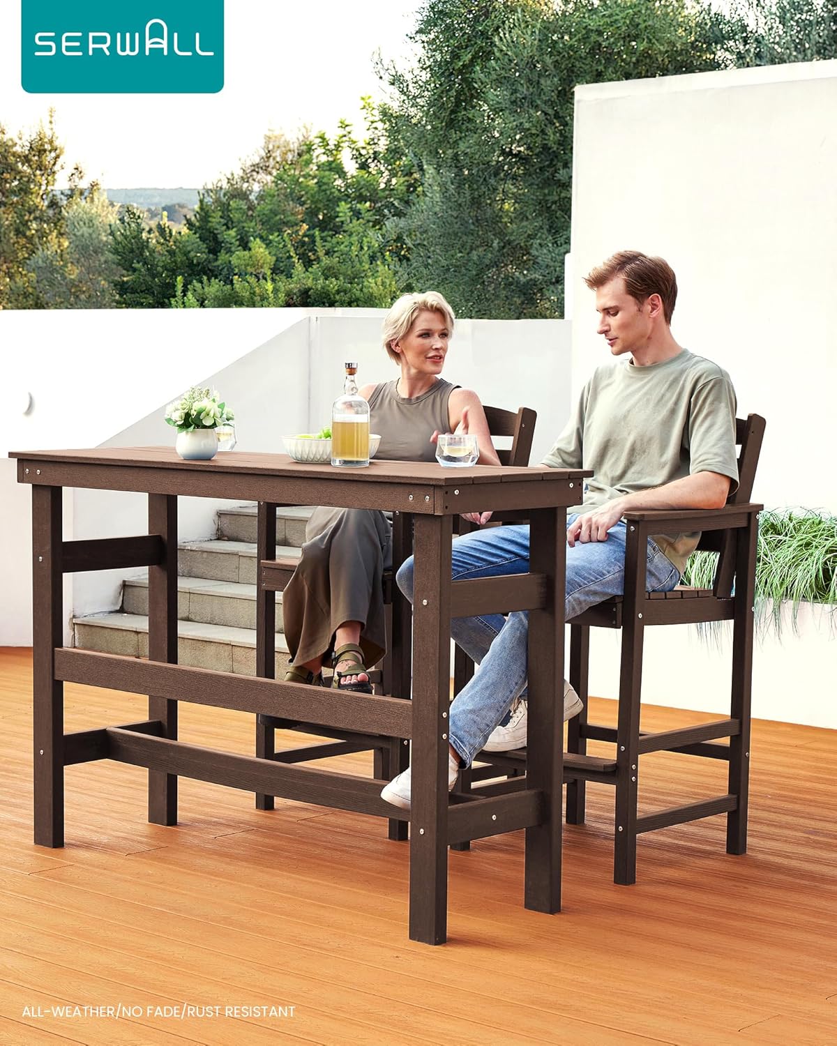 SERWALL Outdoor Bar Table and Chairs Set of 2, HDPE Outdoor Furniture for Outside, Poolside, Backyard, Garden, Brown