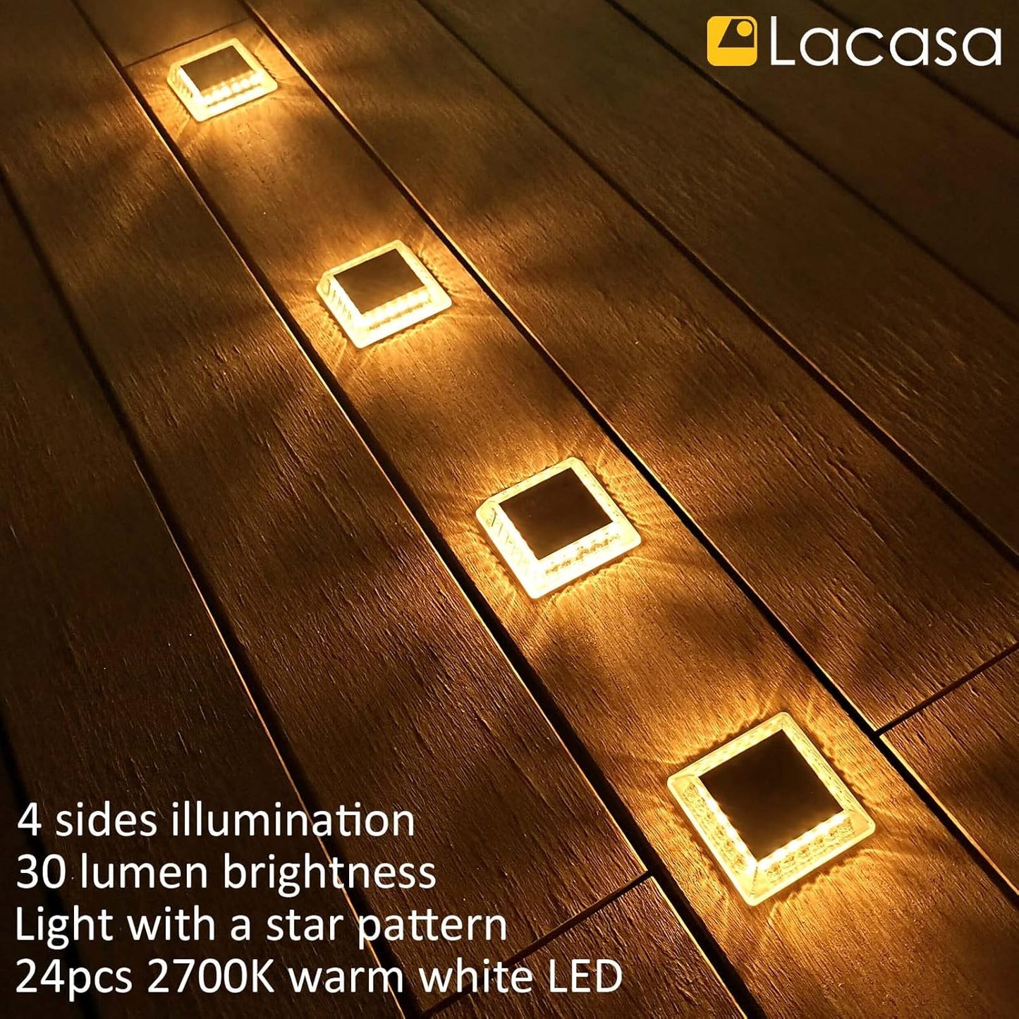 Lacasa Solar Deck Lights, 4 Pack 30LM LED Dock Light Warm White 2700K, Outdoor Solar Powered Step Light Up All Night IP68 Waterproof Auto ON/Off for Garden Stairs Driveway Pathway