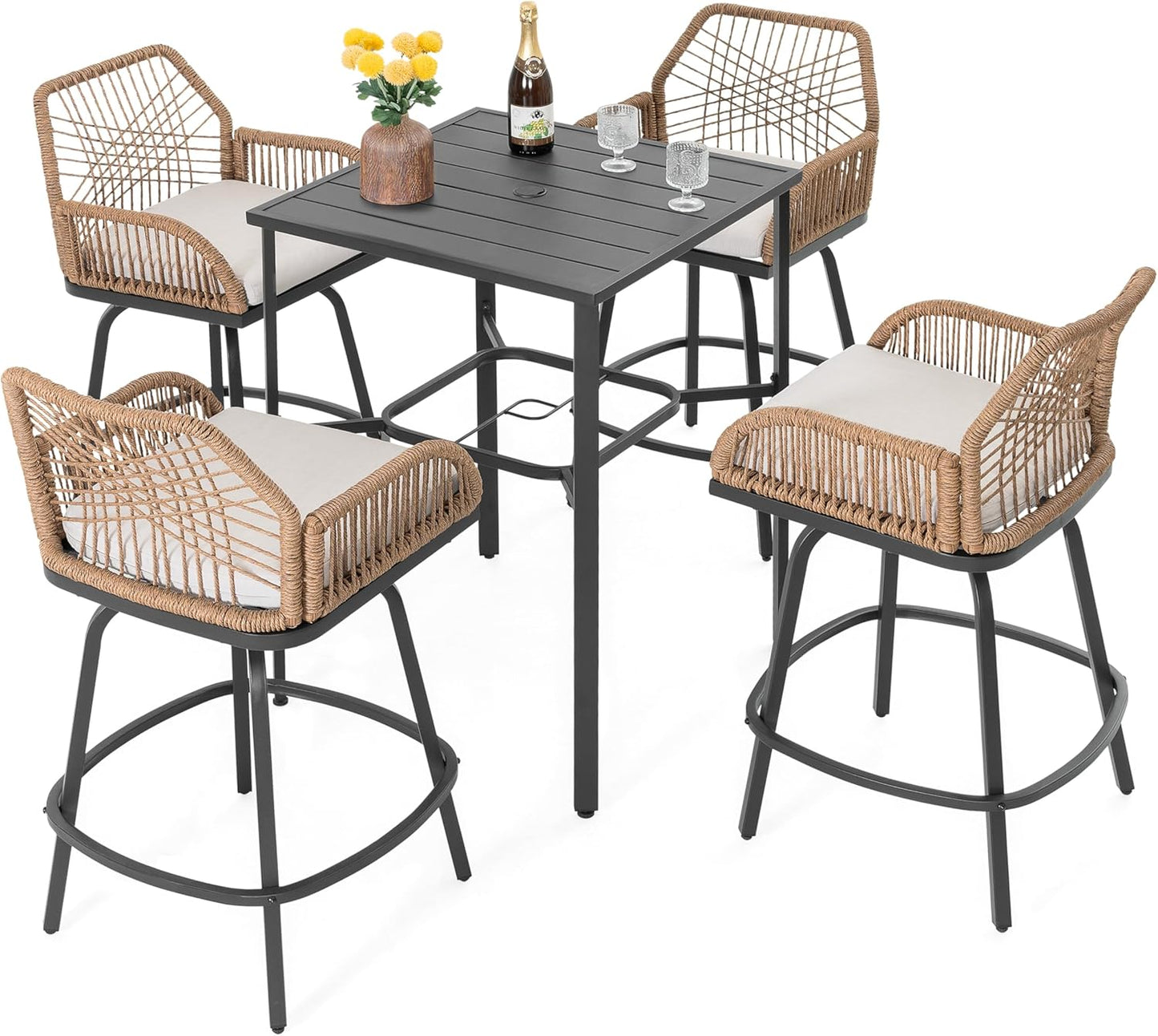 NUU GARDEN 5-Piece Patio Bar Set, All Weather Rattan Swivel Stools, 360 Degree Outdoor Swivel Bar Set for Backyard, Balcony, Garden and Poolside, Black and Beige