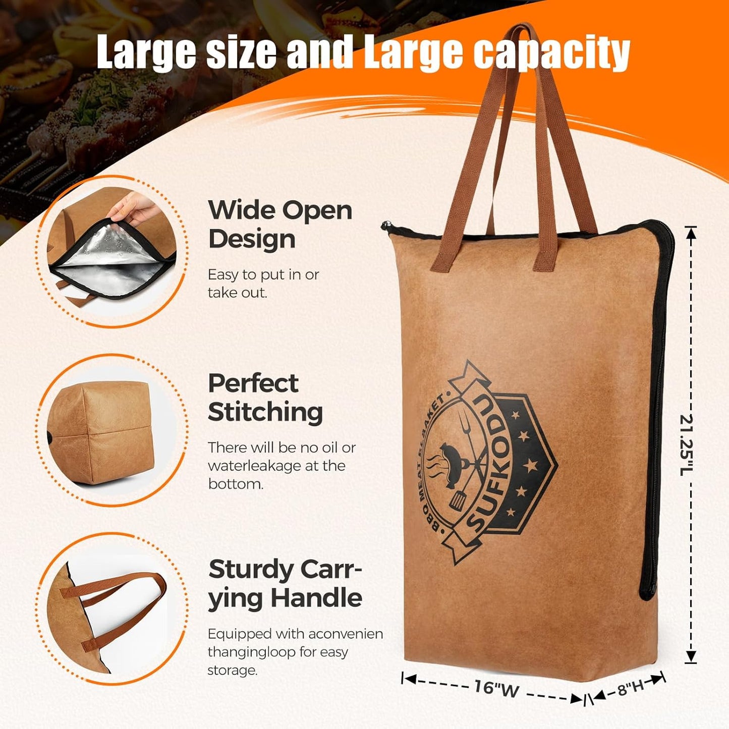 21in Insulated BBQ Blanket for Resting Meat, Heavy-Duty Meat Resting Bag with Wide Mouth for Briskets, Pork, Turkey, Moisture Retention - Smoker Accessories, BBQ Gifts for Men