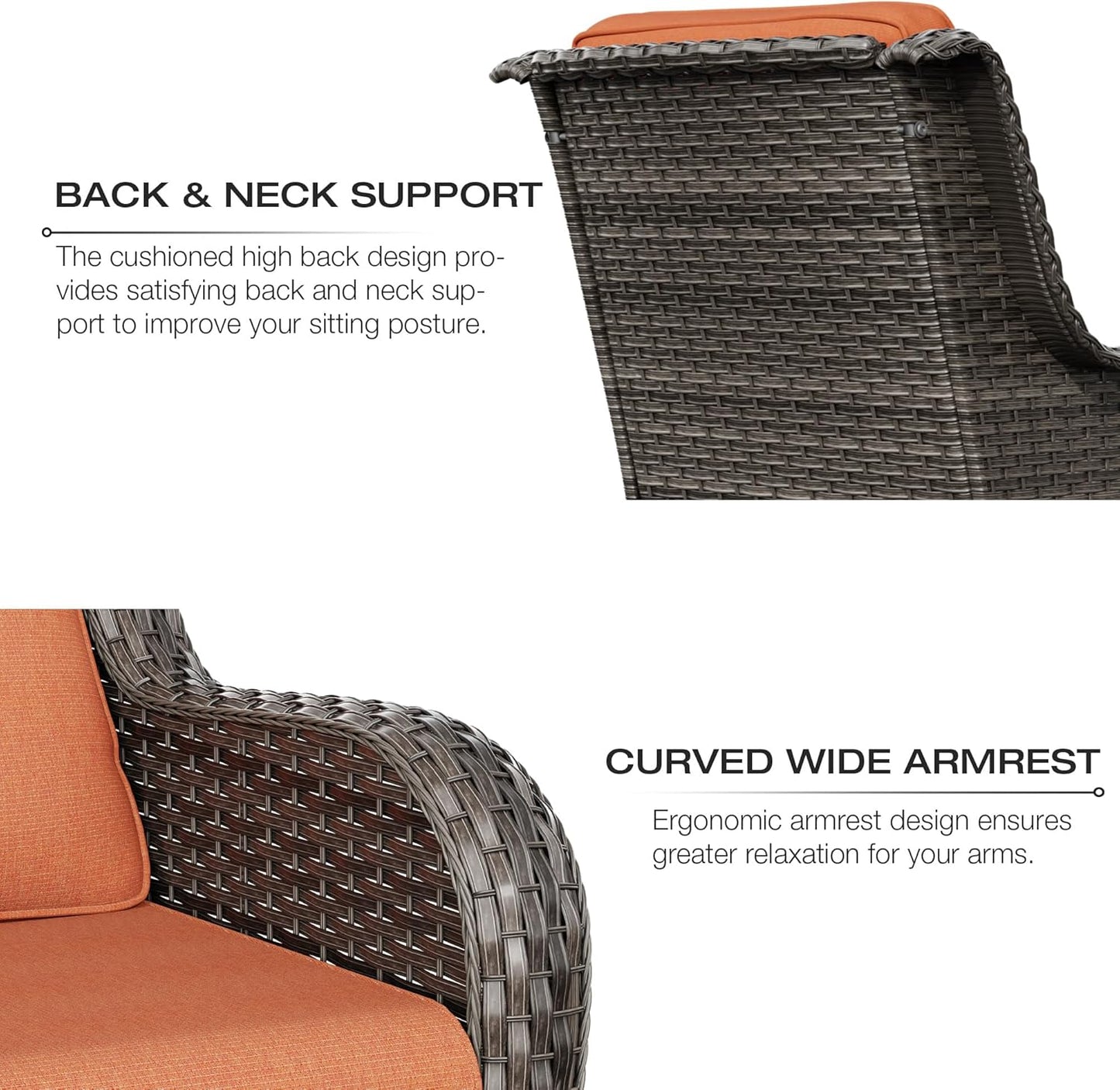 Joyside Wicker Patio Furniture Sets 8 Piece Set with 3-Seat Sofa, 2 Swivel Rocking Armchairs, 2 Armchairs, 2 Ottoman and 1 Side Table Wicker Outdoor Conversation Set(Brown Mixed Gray/Orange)
