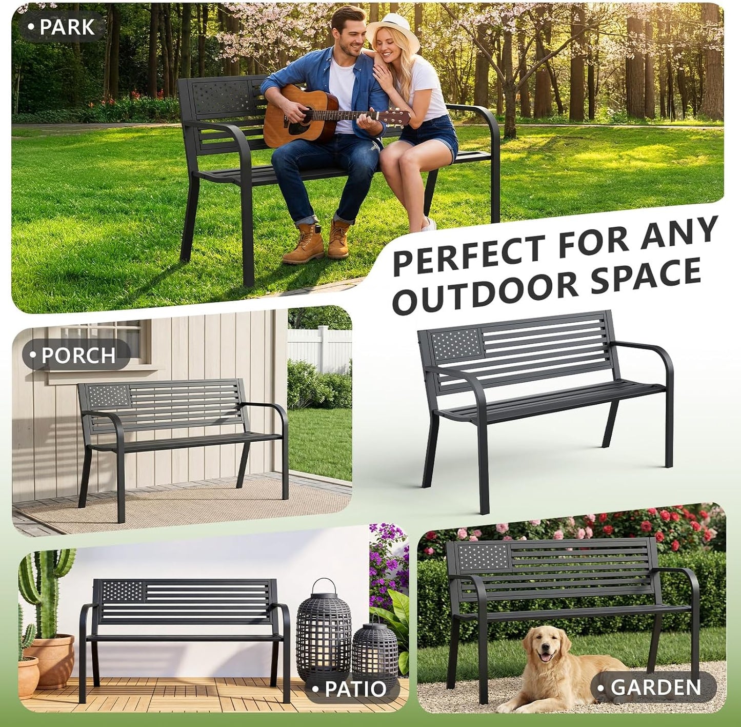Outdoor Bench, Sturdy Metal Garden Bench with Classic Stars and Stripes Design Metal Backrest, 2-Person Patio Bench for Outside Seating, Cast Iron Steel Porch Yard Lawn Furniture, Black