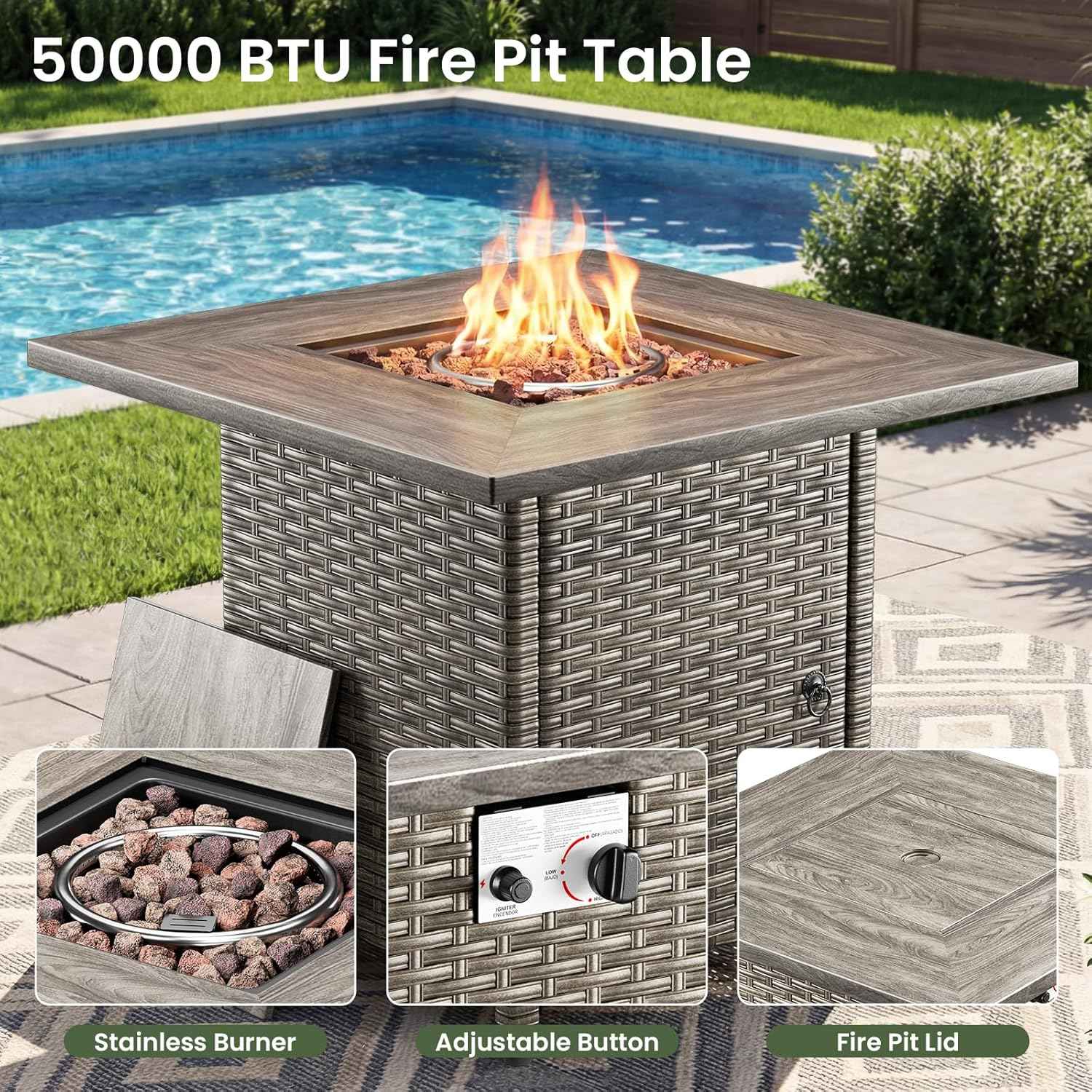 Luxury Patio Furniture Set with 6-inch Thick Cushion, Outdoor Furniture with Fire Pit Table, Swivel Chairs, Side Table, Sofa, 5pcs Wicker Conversation Set for Deck Yard Grey Wicker | Blue Cushion
