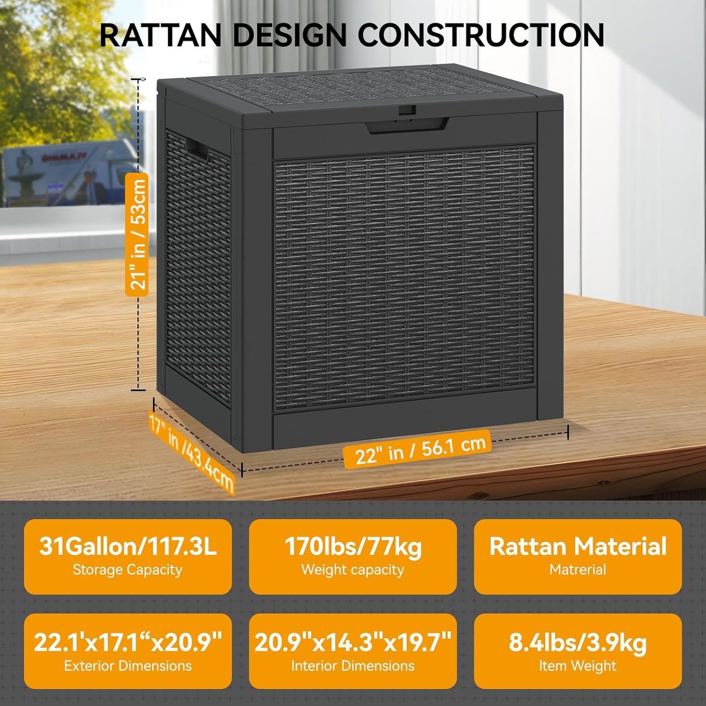 KAMABOKO 31 Gallon Outdoor Storage Box, Resin Deck Boxes Indoor and outdoor, Waterproof Storage Box Lockable Lid for Garden Tools, Package Delivery, Pool Supplies, Patio Cushions, Black