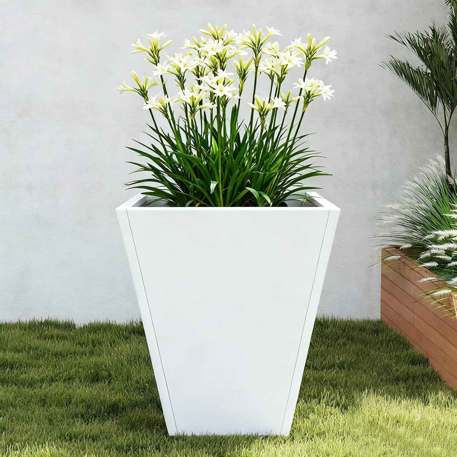 Planter Box for Outdoor Plants, Large Garden Box, Modern Raised Garden Bed, Outdoor Planters All-Weather Use with Drainage Holes for Patio Porch Balcony Deck Yard (White, 20" x 22")