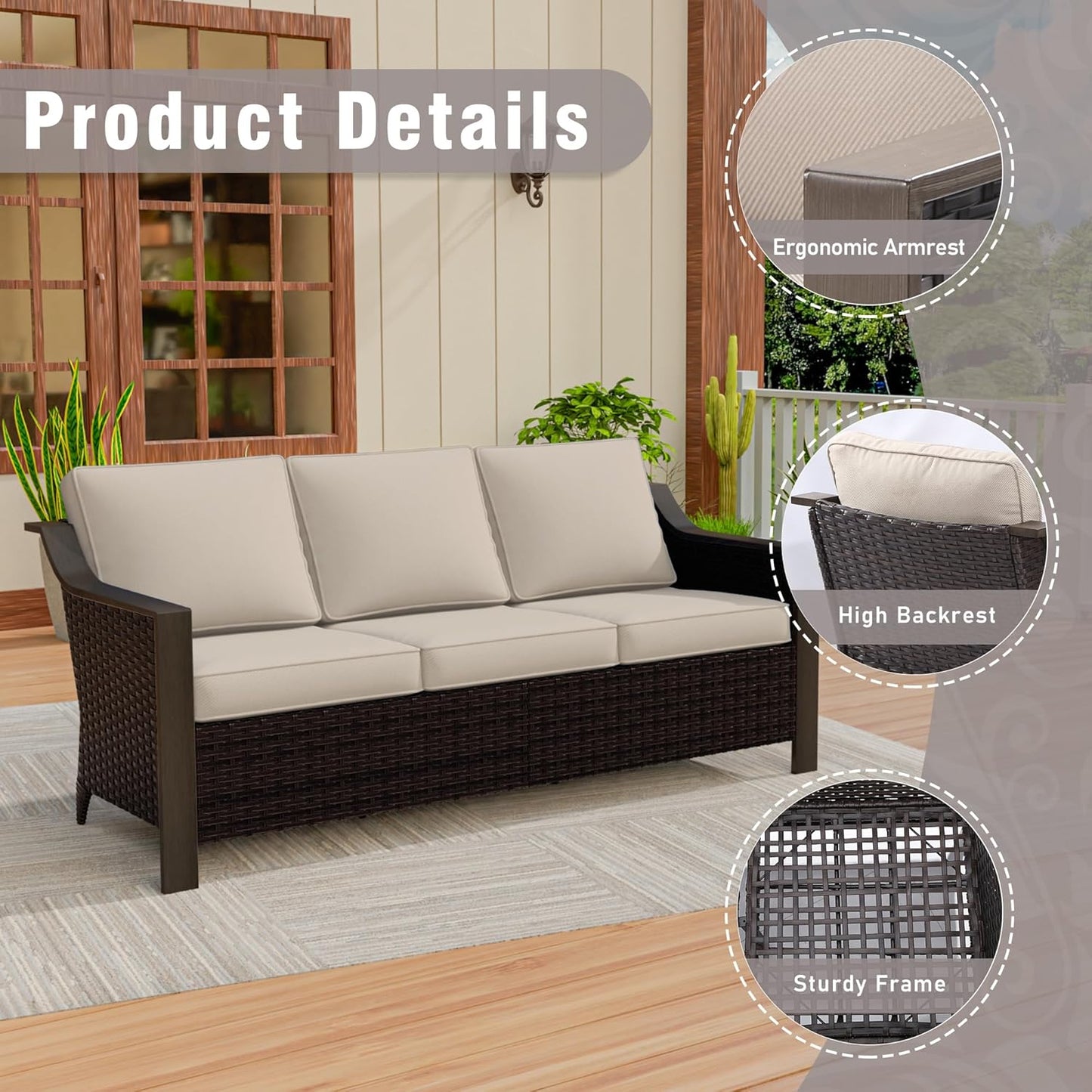3 Piece Wicker Patio Conversation Set, All-Weather Use Outdoor Wicker Sofa with 2 PE Rattan Swivel Chair, Removable Water-Resistant Cushion, Ideal for Porch, Backyard, Balcony, Poolside, Beige