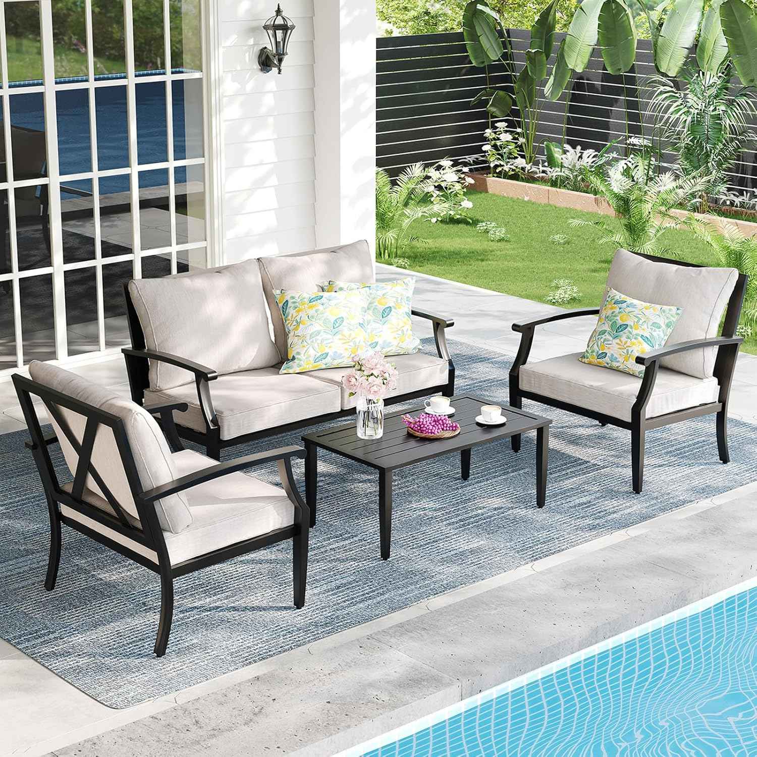 4-Piece Patio Furniture Set, Wider Outdoor Metal Seating Sofa with High Back & Loveseat, Coffee Table, All Weather Metal Conversation Set for Backyard, Poolside, Deck-Beige