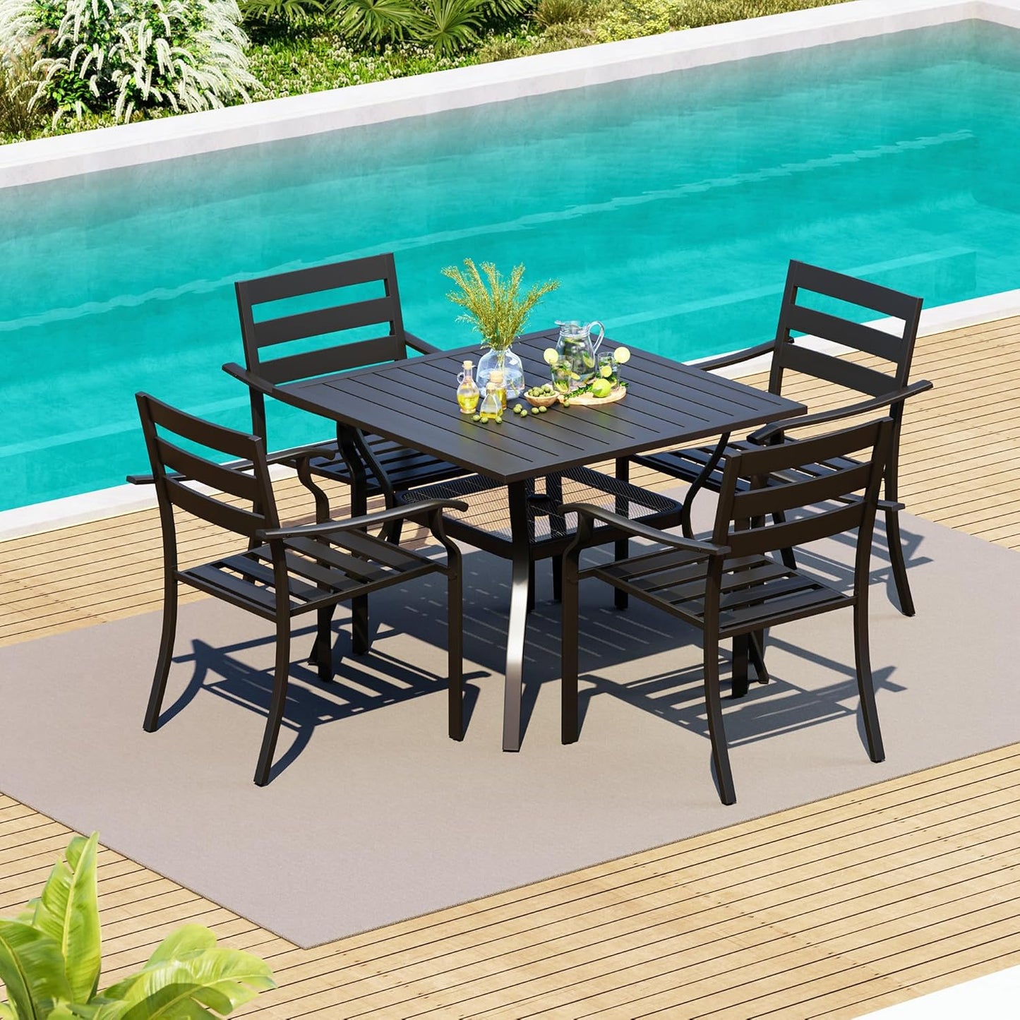 HOMREST 5 Piece Outdoor Patio Dining Set for 4, 37" Square Metal Table with Umbrella Hole and Storage Shelf, Stackable Wrought Iron Chairs, Patio Furniture Set for Deck/Backyard/Poolside/Garden