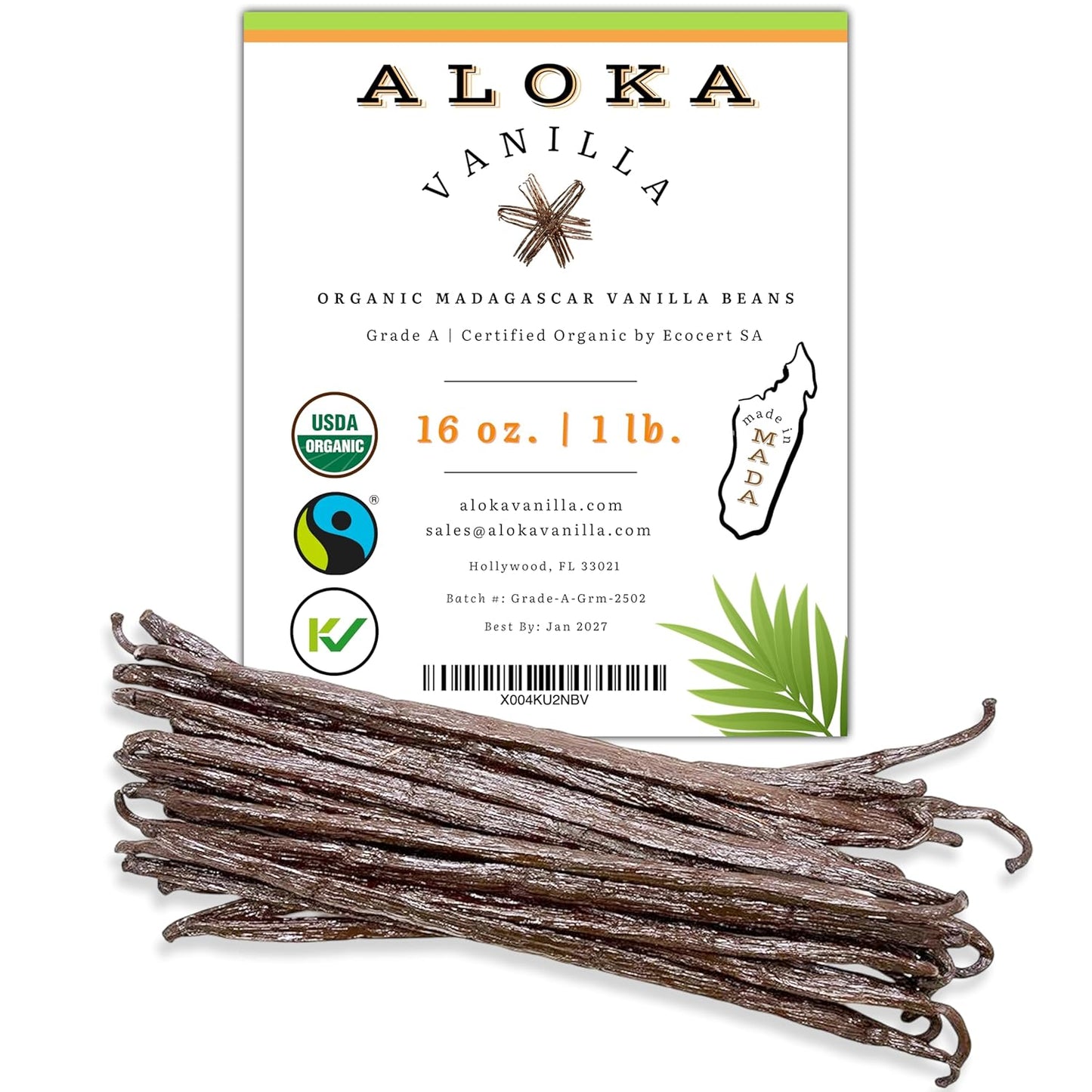 16oz (1 Pound) Count Organic Madagascar Vanilla Beans – Grade A Bourbon Pods | Gourmet Whole Vanilla Beans for Baking, Cooking, Extract Making | Rich Aroma, Premium Flavor, Non-GMO, Vegan