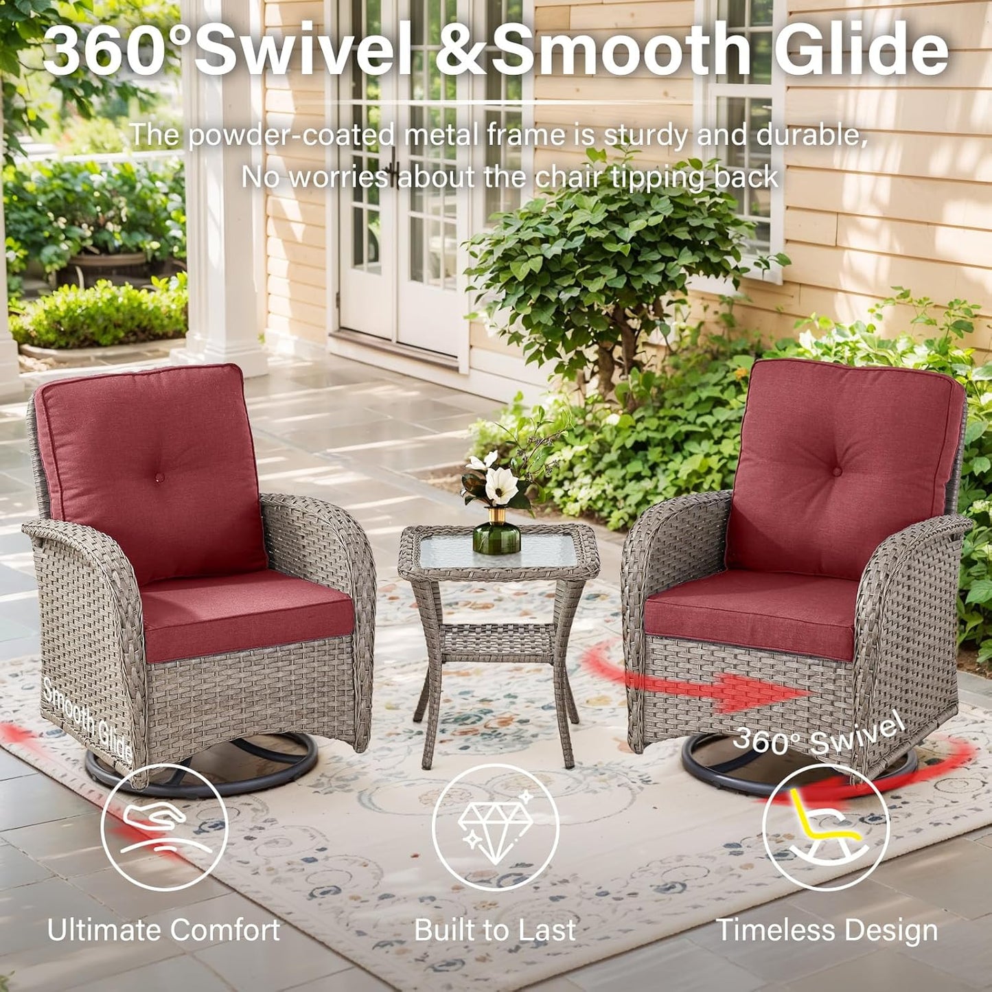 6 Pieces Wicker Patio Furniture Set - Swivel Rocker Outdoor Chairs with Outdoor Couch and Side Table, All-Weather Patio Conversation Set for Sunroom Backyard Deck