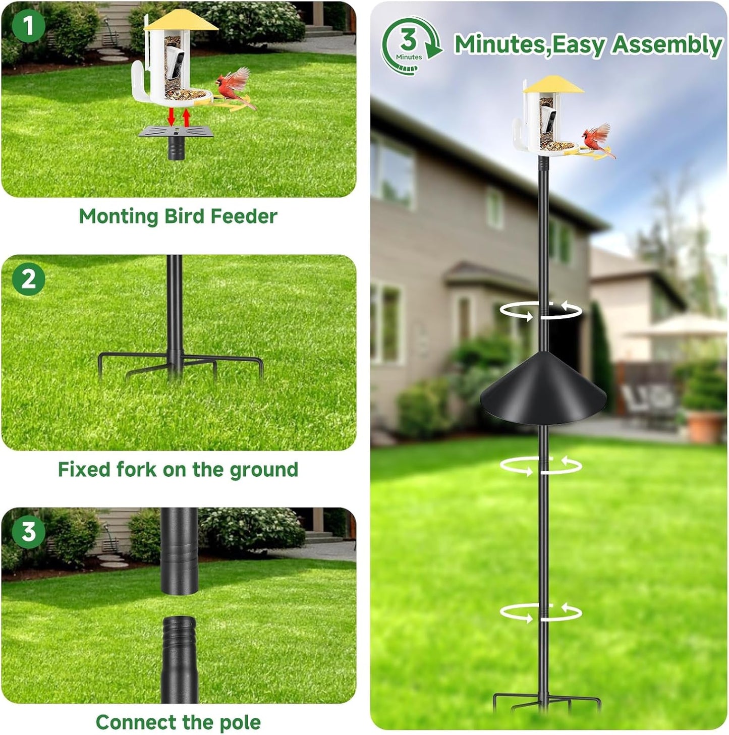 Smart Bird Feeder Pole with Squirrel Baffle & Bath-Heavy Duty Adjustable 3-6.6ft Universal Stand Mount for Backyard&Outdoor Bird Houses/Cameras (80'Pole-Baffle)