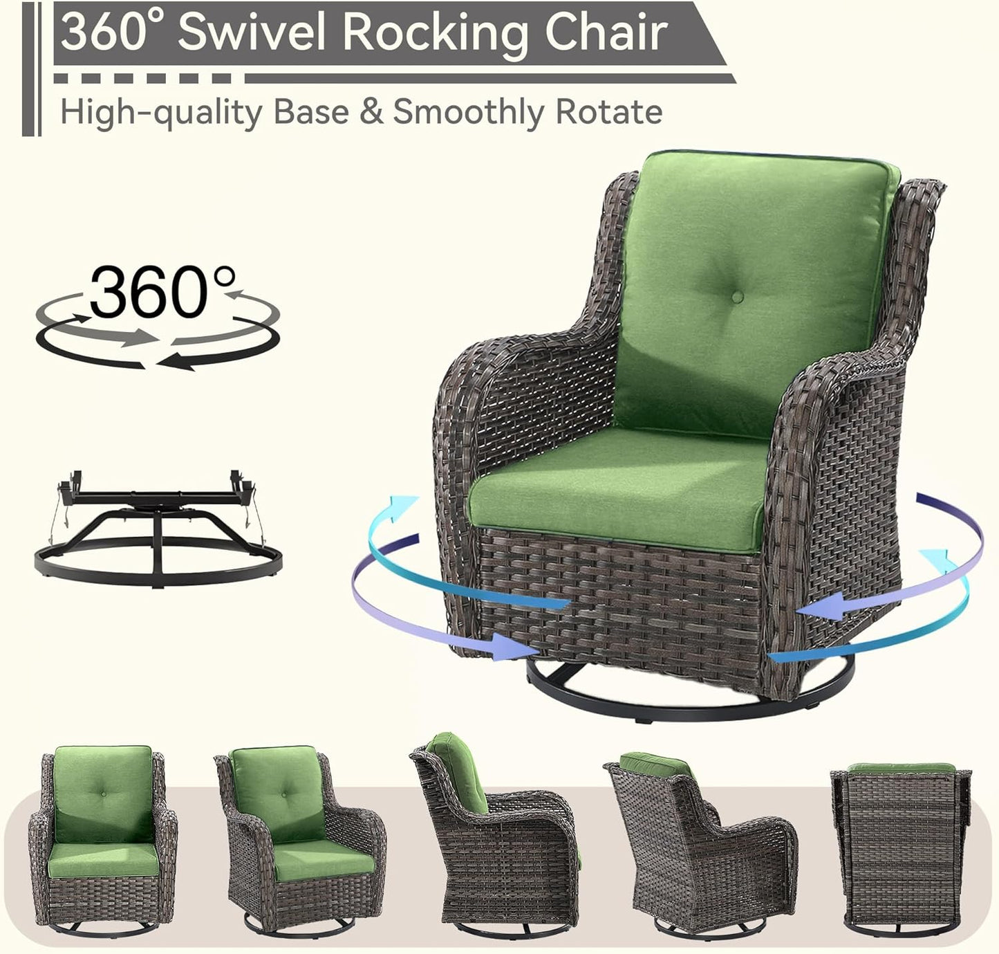 2 Pieces Outdoor Swivel Rocker Patio Chairs Set - Outdoor Wicker Patio Conversation Sets with 1 Side Table, Olefin Fabric Cushions Suitable for Backyard Deck and Porch, Green