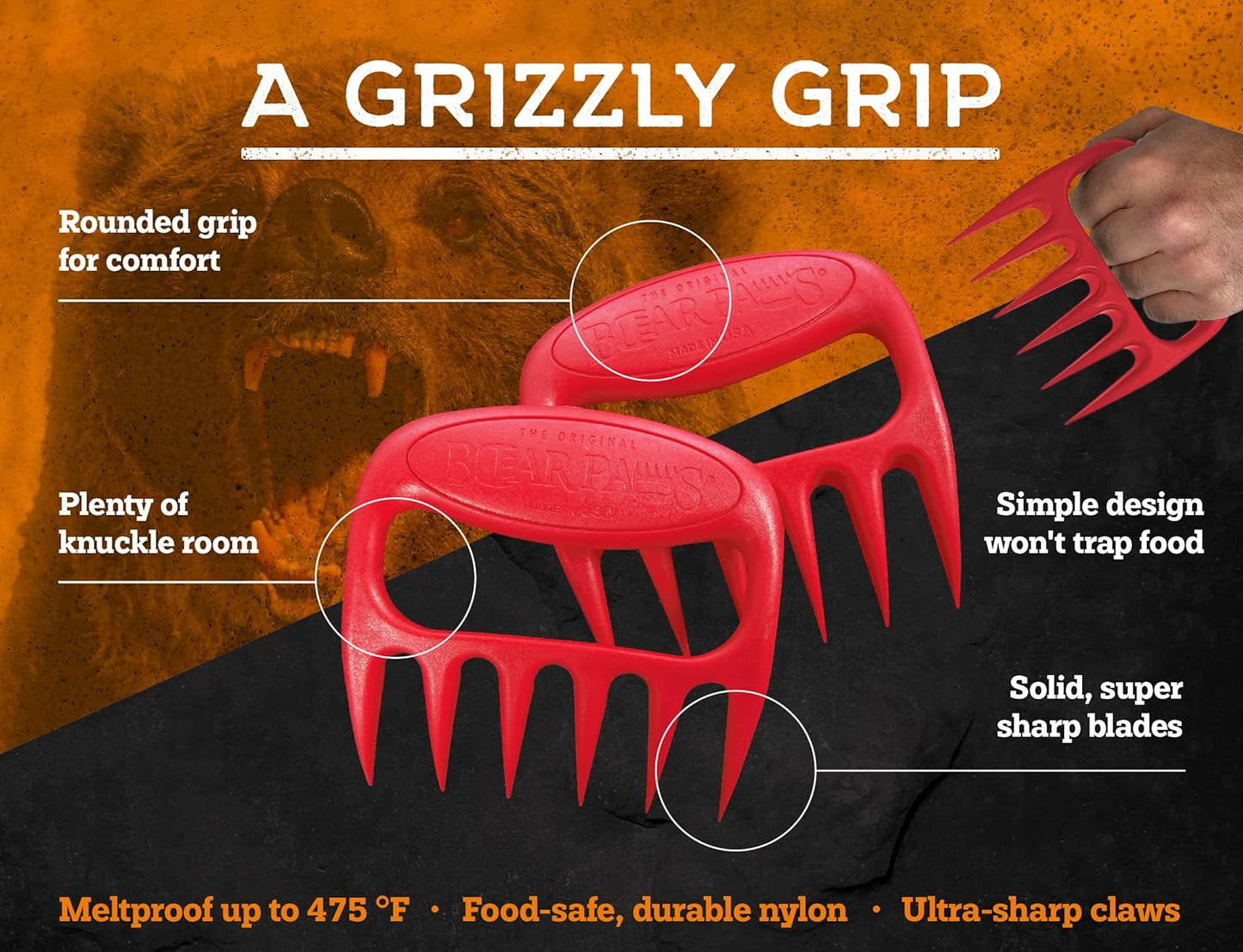 Bear Paws Meat Claws - The Original Meat Shredder Claws for Pulled Pork, USA Made - Easily Lift, Shred, Pull and Serve Pork, Chicken, Brisket and Turkey - Gift for Dad on Father's Day! (Red) - Lumora Garden