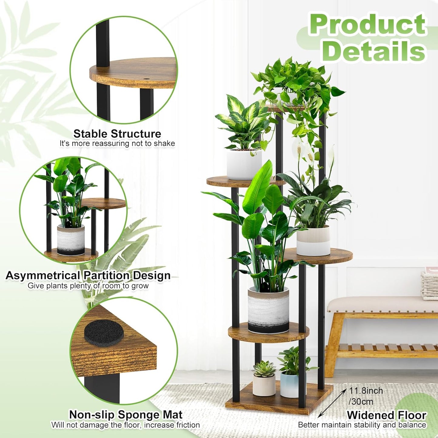 5 Tier Wood Tall Plant Stand Metal Rack Indoor, Multiple Flower Pot Holder Shelves Corner Rack, Round Planter Shelf Display Rack Storage Organizer for Patio Living Room Balcony(Black)