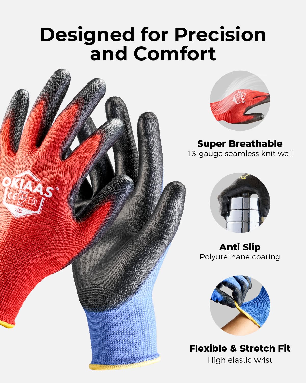 OKIAAS Men's Lightweight Construction Gloves with Grip, 12 Pairs, Red, Small