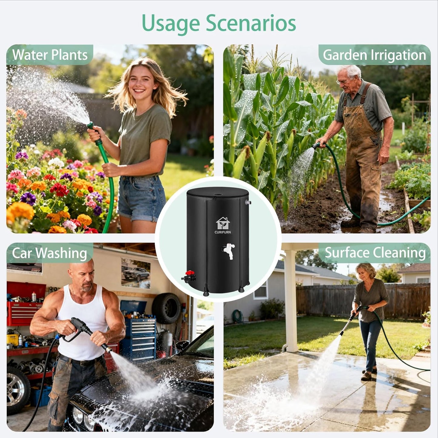 100 Gallon Rain Water Barrel, Portable Rainwater Collect System Water Storage Tank Collapsible Rain Barrel with Filter, Spigot & Overflow Kit (Reinforced Liner+Thickened Legs) - Black