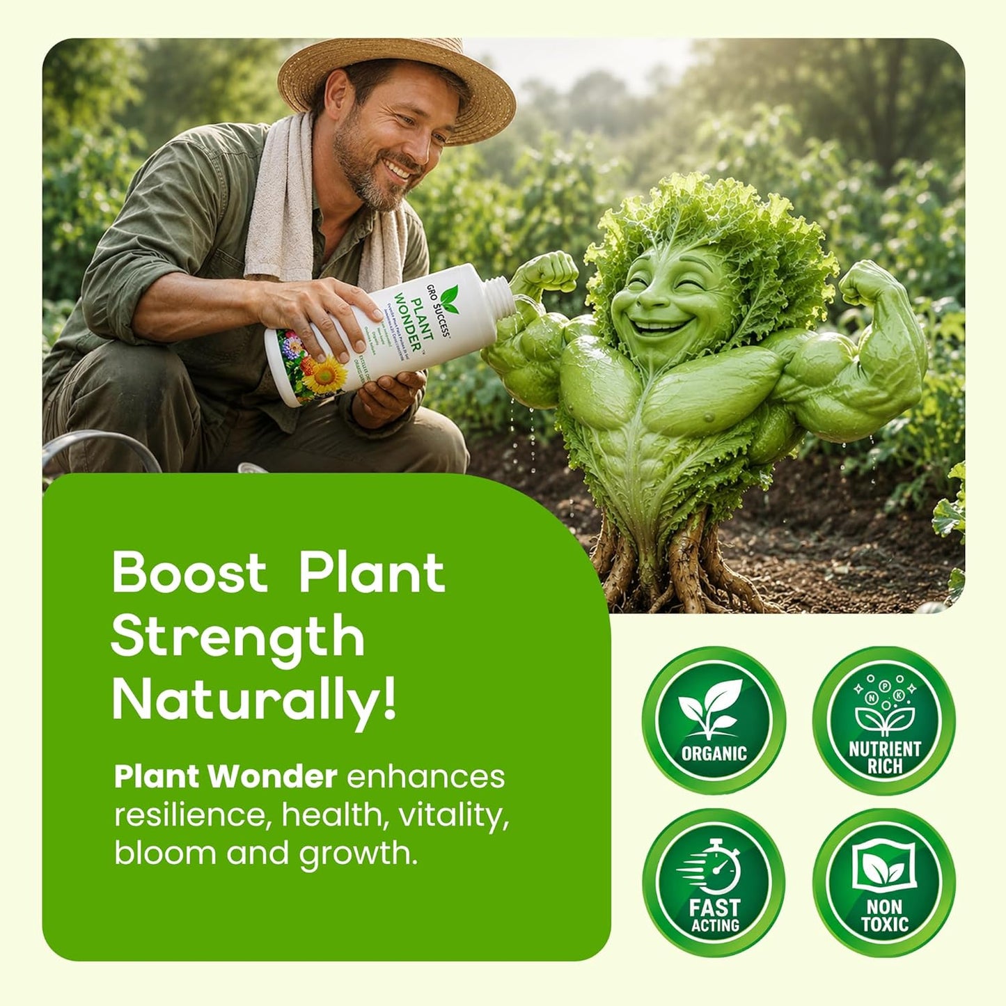 Organic Plant Fertilizer Liquid Concentrate – Plant Food for Indoor & Outdoor Plants, Vegetables & Lawn – Soil Booster with Humic & Fulvic Acid – 16 oz – GroSuccess PlantWonder
