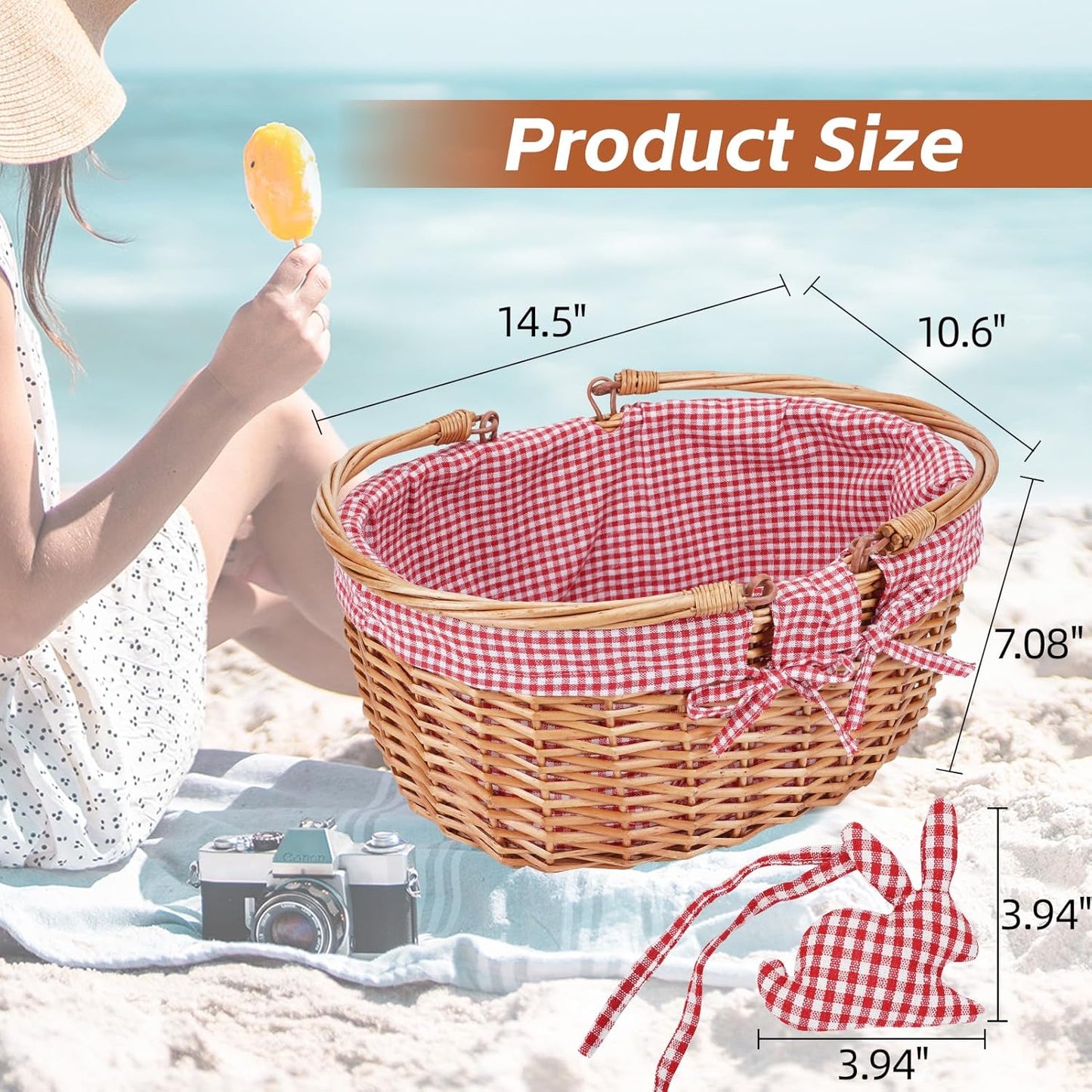 G GOOD GAIN Wicker Picnic Basket with Double Folding Handles,Willow Picnic Hamper,Natural Hand Woven Easter Basket,Easter Eggs and Candy Basket,Bath Toy and Kids Toy Storage,Gift Packing Basket.Red