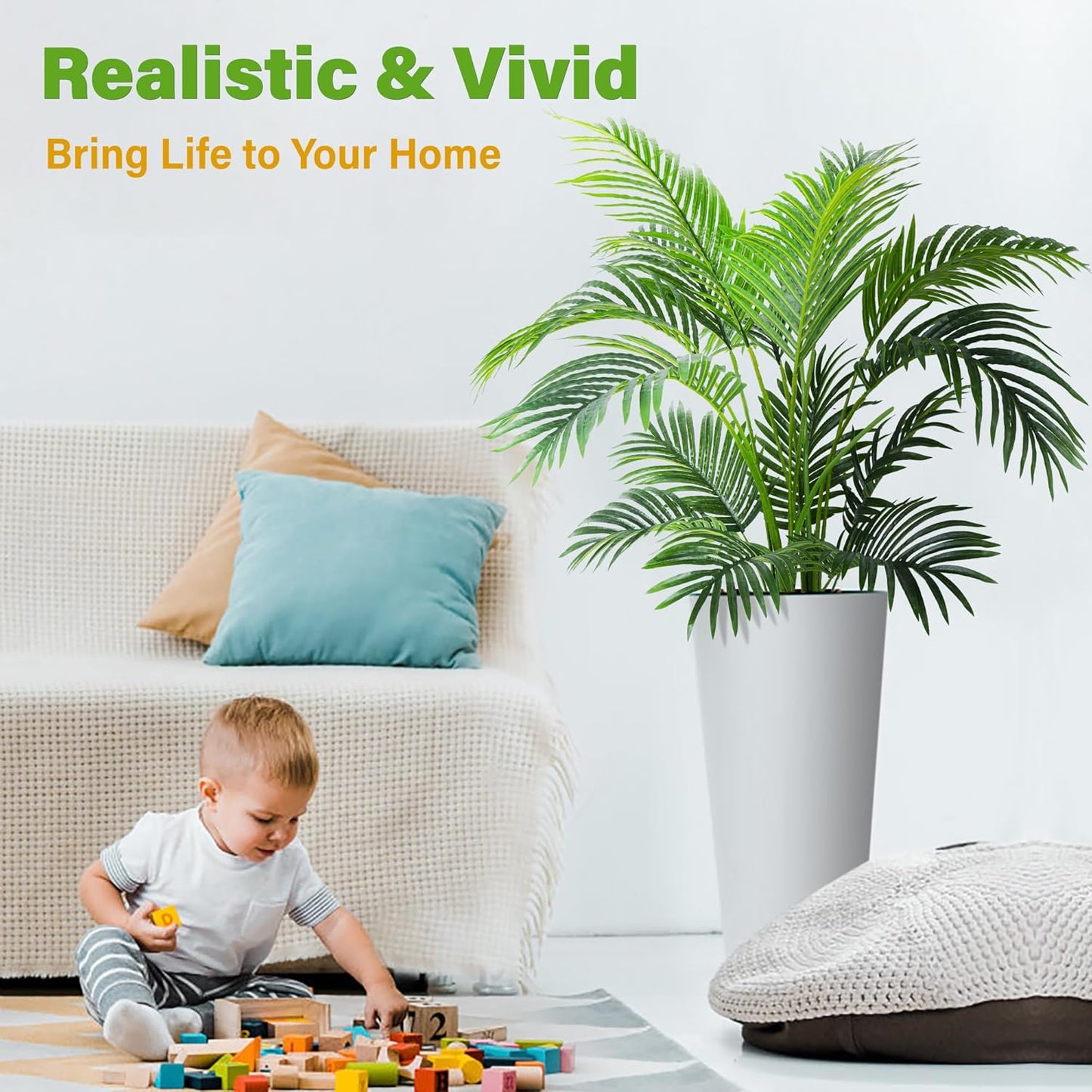 KOL 4ft Artificial Areca Palm Tree Plant, 47in Fake Cane Palm Silk Tree Indoor Outdoor, Dypsis Lutescens, Realistic Faux Silk Plants for Office Home Garden Decoration, Lifelike Modern Decor