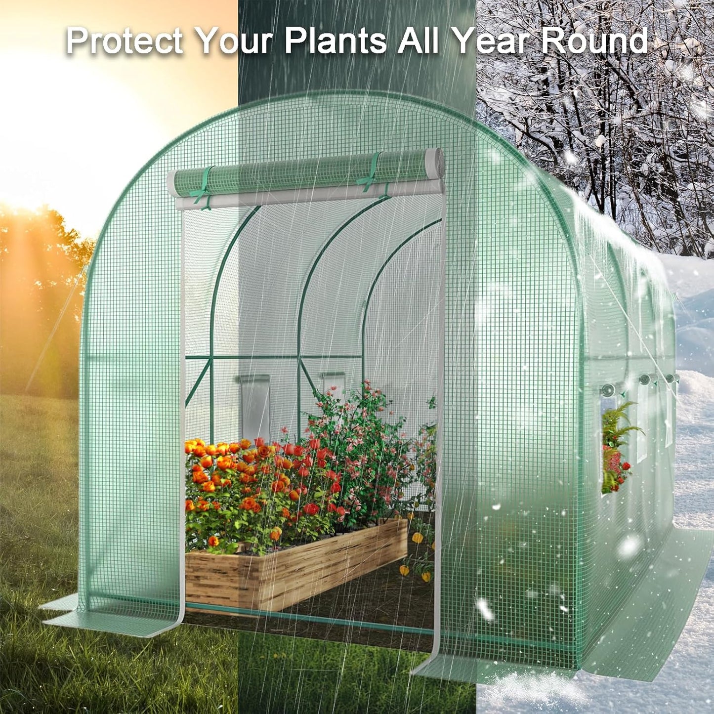 Walk-in Greenhouse, 12x7x7 FT Heavy Duty Tunnel Green House for Outdoors, Portable Green Houses for Outside, Winter Hot House with Metal Frame & Roll-up Zipper Door Screen Windows