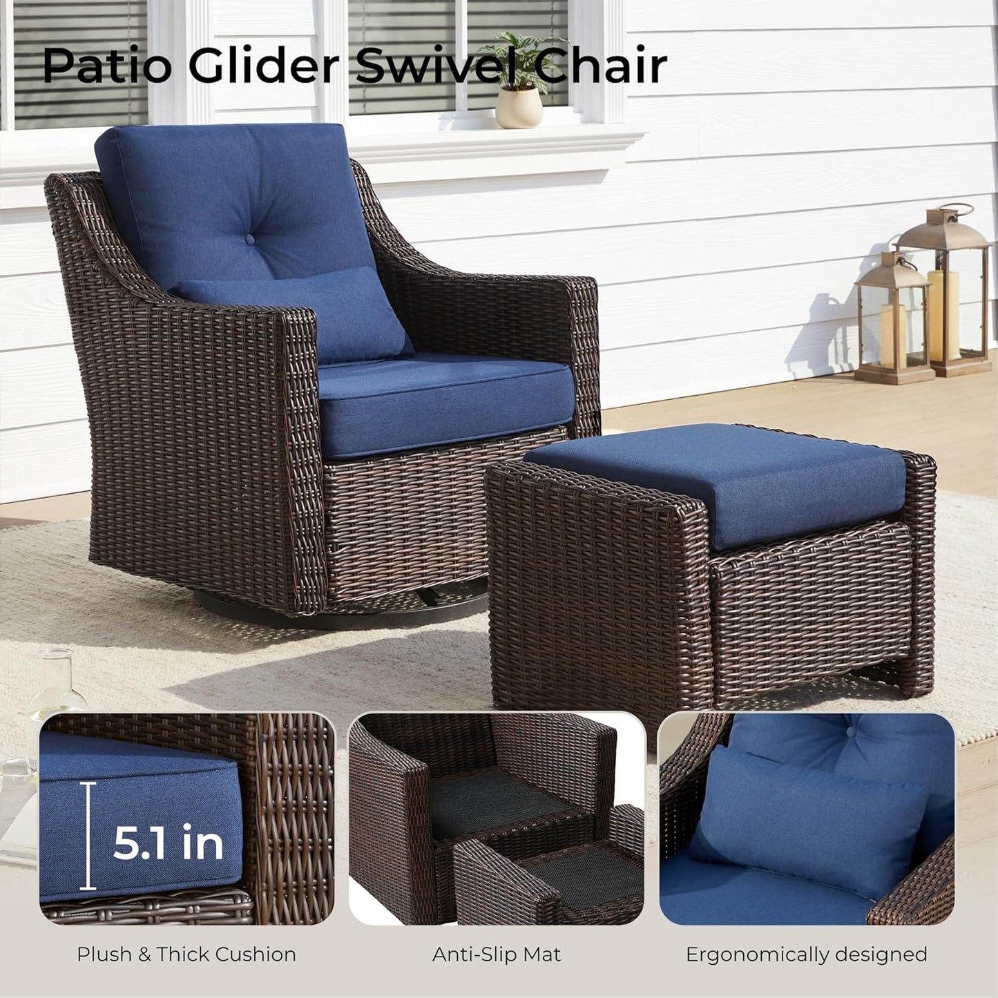 CHITA 4 Pieces Wicker Patio Furniture Set, Outdoor Conversation Set with 2 Pieces Rattan Rocking Swivel Chairs, 3-Seater Sofa, Coffe Table