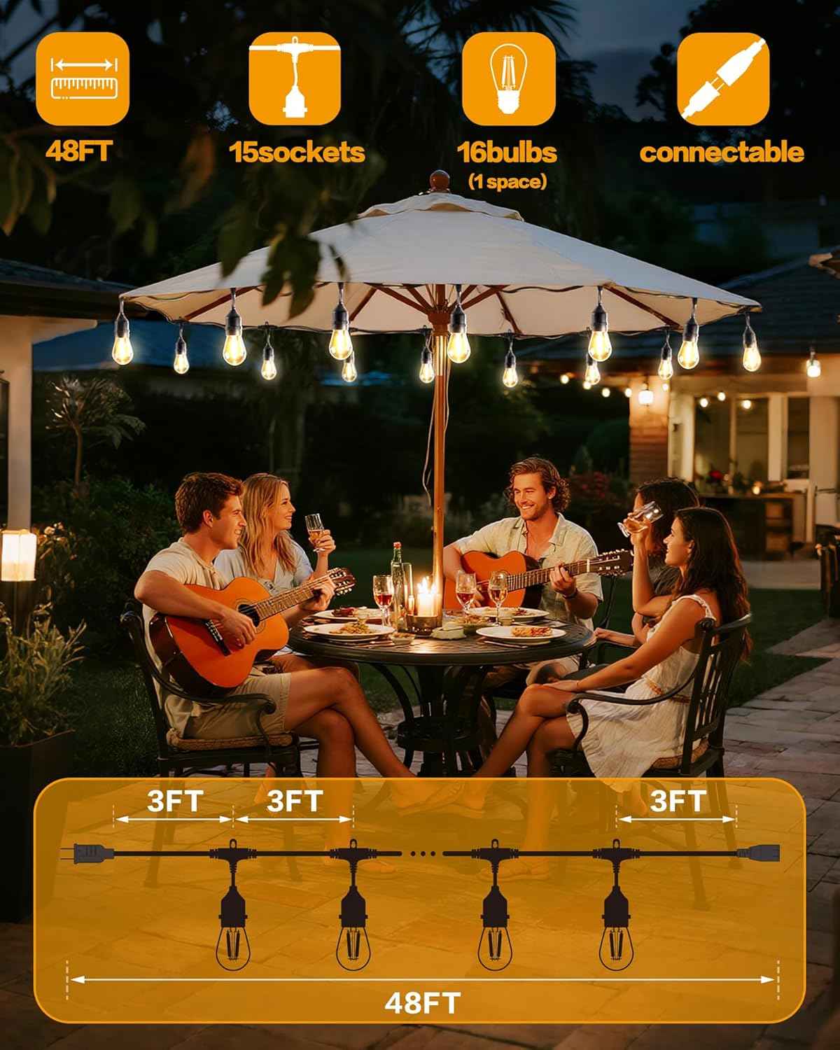 Outdoor String Lights, Super Bright LED - 48FT 15 S14 Bulbs (1 Spare), IP65 Waterproof, Commercial Grade & Shatterproof, Dimmable, UL Listed for Patio, Porch, Backyard, Gazebo