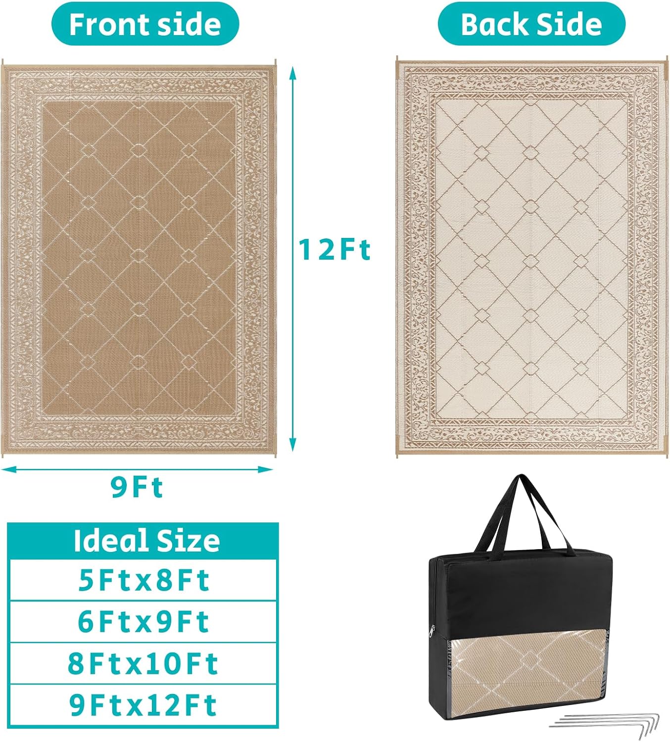 HEBE Outdoor Rug Waterproof 9x12, Reversible Plastic Straw Rug RV Camping Rug, Indoor Outdoor Patio Mat Clearance, Outside Carpet for Porch,Deck,Camper,Balcony,Backyard,Picnic