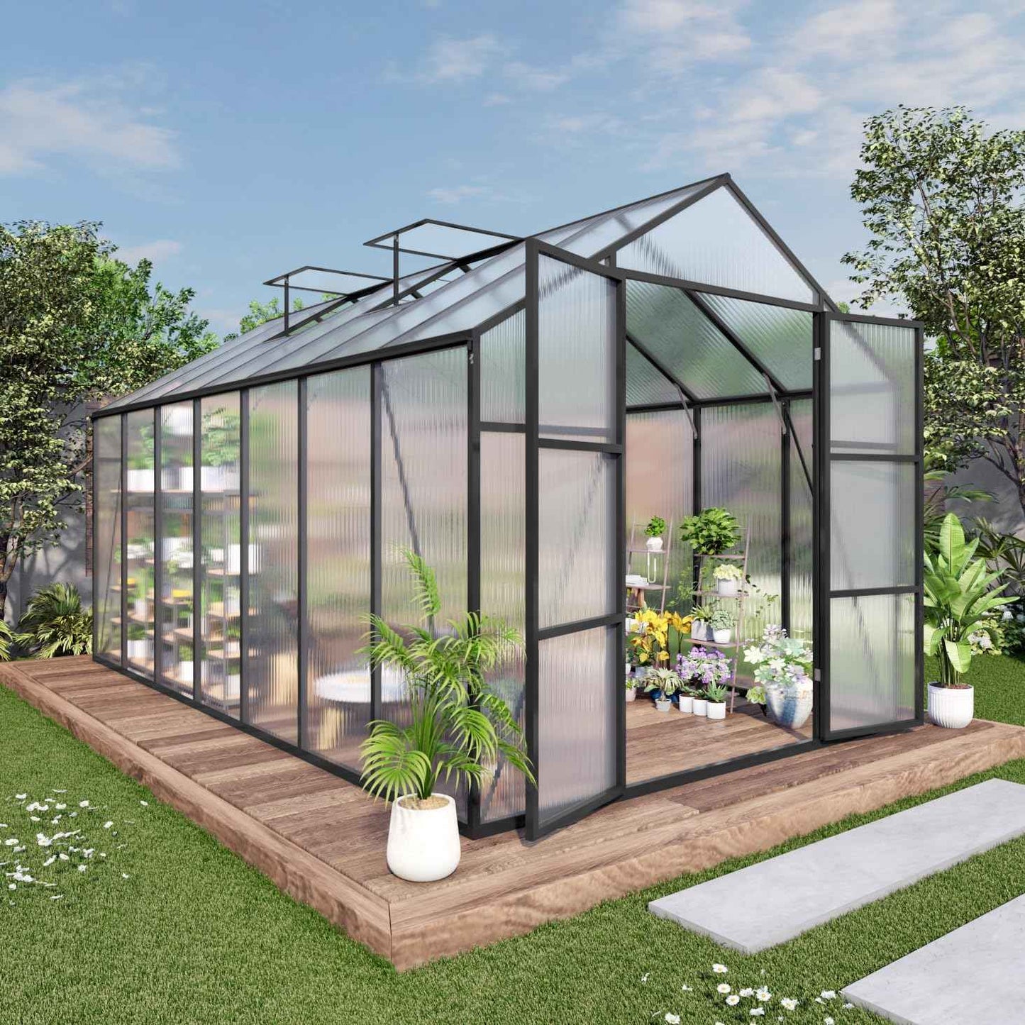 Greenhouse for Outdoors 8x14x7.8 FT, Polycarbonate Greenhouse with Stronger Wind Protection and Roof Vent, Walk-in Large Aluminum Sunroom Winter Proof, Black