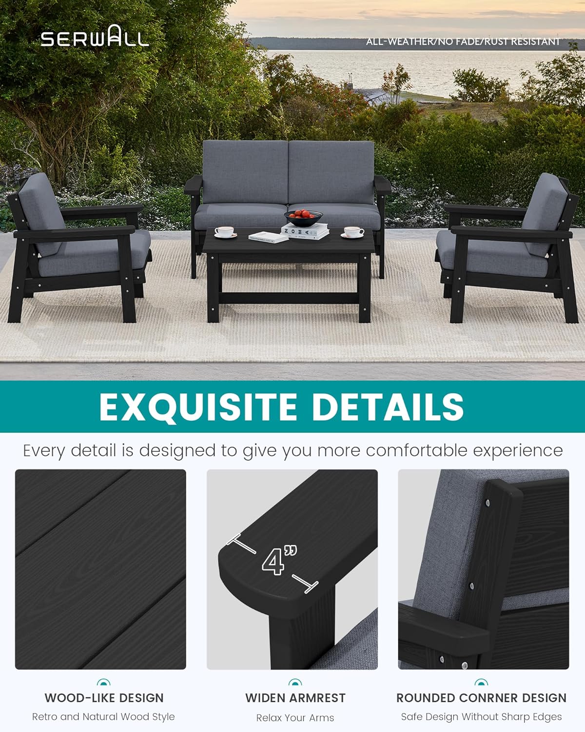 SERWALL HDPE Patio Furniture Set with 15FT Double Side Patio Umbrella, All Weather Wood-Like Outdoor Sofa Sectional Couch, Black Patio Furniture with Grey Cushions
