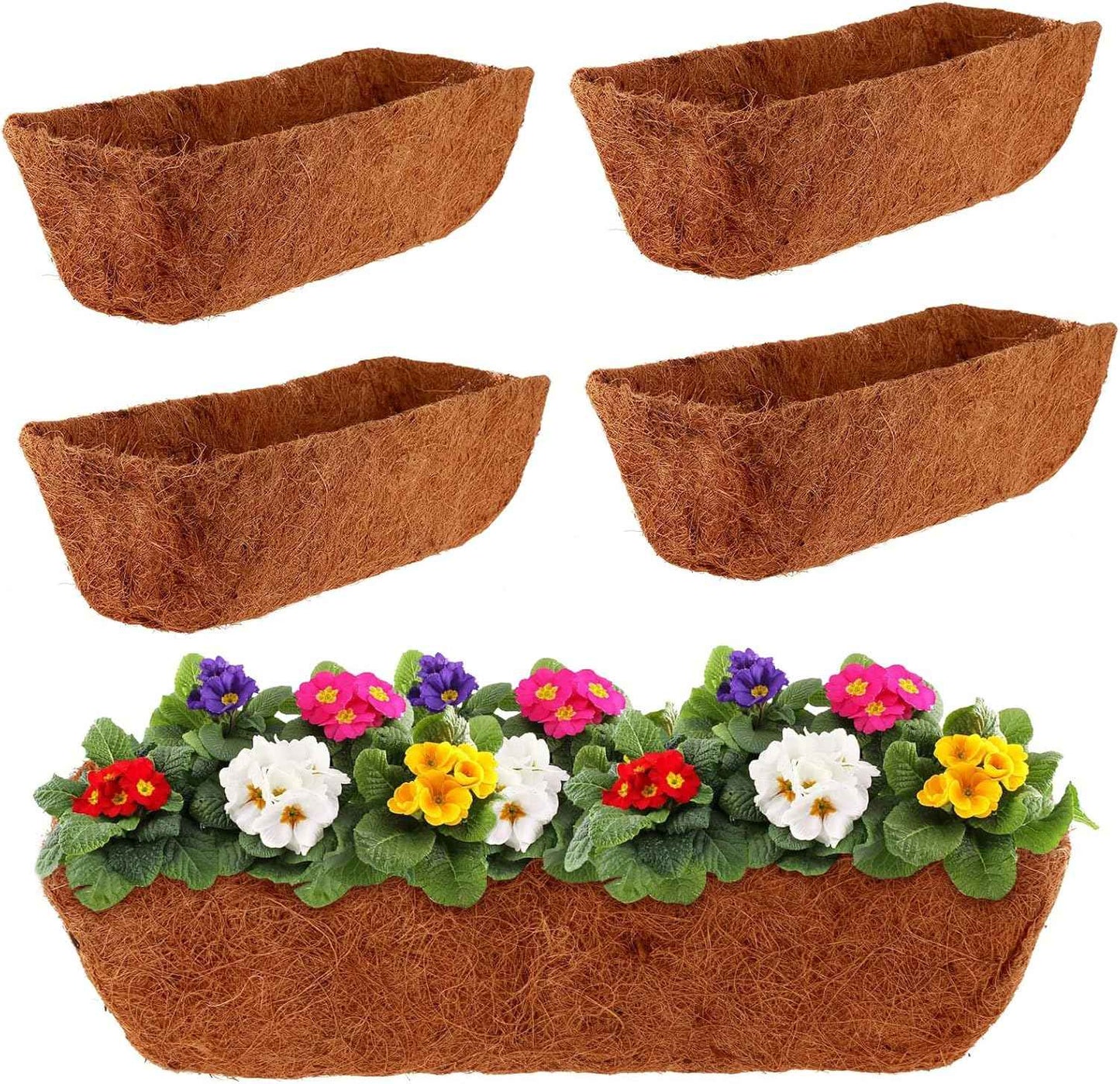 4 Pack Rectangle Coco Liner 24 Inch Hanging Basket Liners 100% Natural Coconut Husk Liners for Planters Window Box Planter Inserts for Large Pots Trough Planters Outdoor Garden Decoration