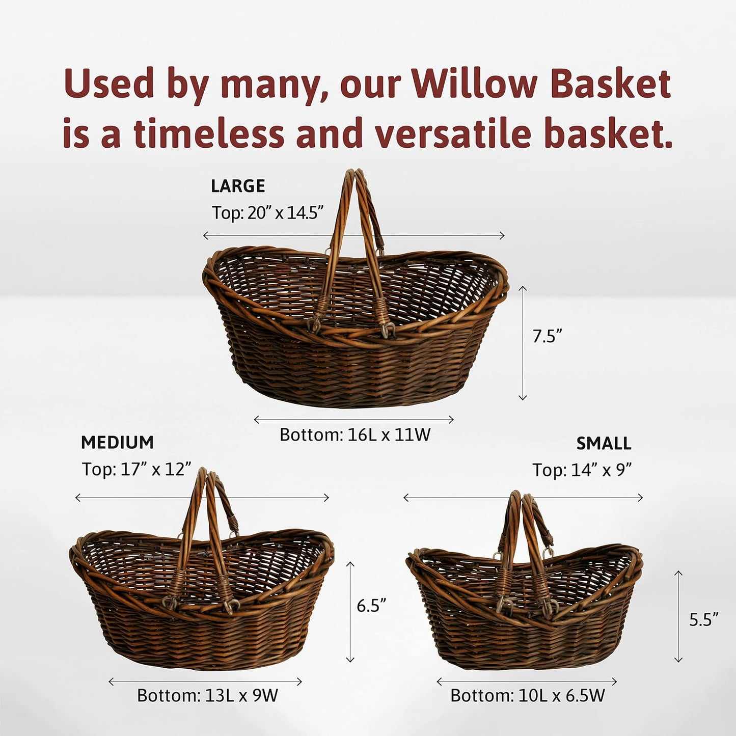 Wald Imports - Large Dark Brown Hand Woven Wicker Basket for Storage with Handles - Woven Basket - Wicker Baskets for Picnics, Easter, Organizing, and More (20 x 7.5 inches)