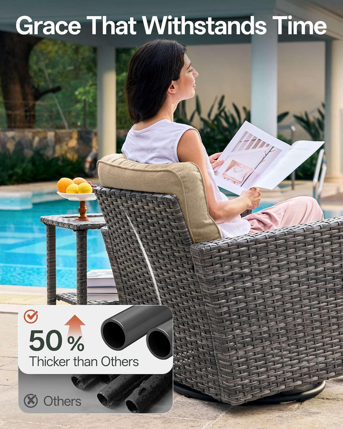 Luxury 5-Piece Patio Furniture Set with 6-Inch Thick Cushions, Outdoor Swivel Rocker Chairs Set, Wicker Conversation Set for Porch, Deck, Balcony, Yard in Beige