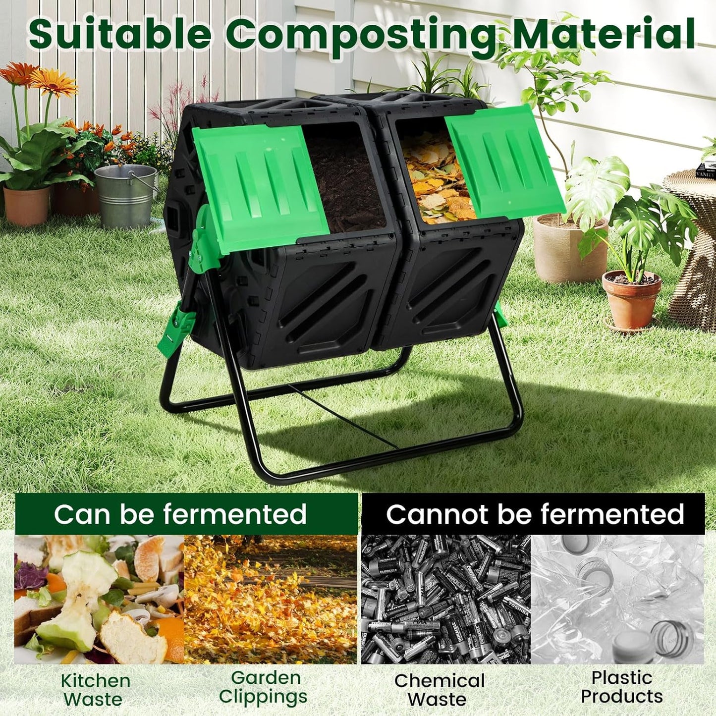 Dual Chamber Outdoor Compost Tumbler, Heavy-Duty Rotating Composter with Aeration & 2 Sliding Doors, 34.5 Gallon Composting Bin for Garden Kitchen Yard Waste