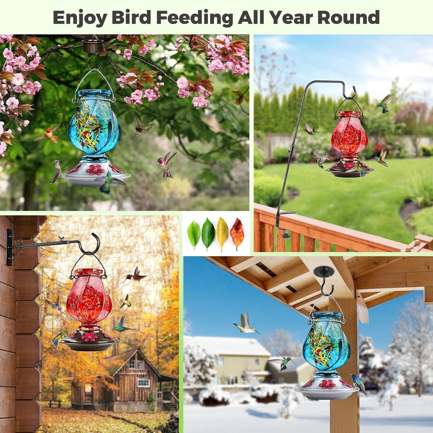 BOLITE Hand Blown Glass Hummingbird Feeder 22oz – Ant Moat, Bee-Proof, 360° Perch