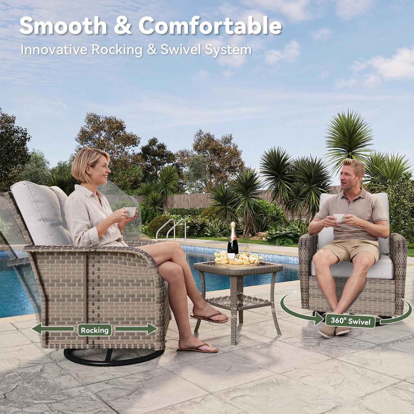 Aoxun 10-Piece Patio Furniture Set with 44” Fire Pit Table, Wicker Rattan Outdoor Sectional Sofa with High Back Swivel Rocker Chairs, Outdoor Patio Furniture Set with Thick Cushions & Ottoman, Grey