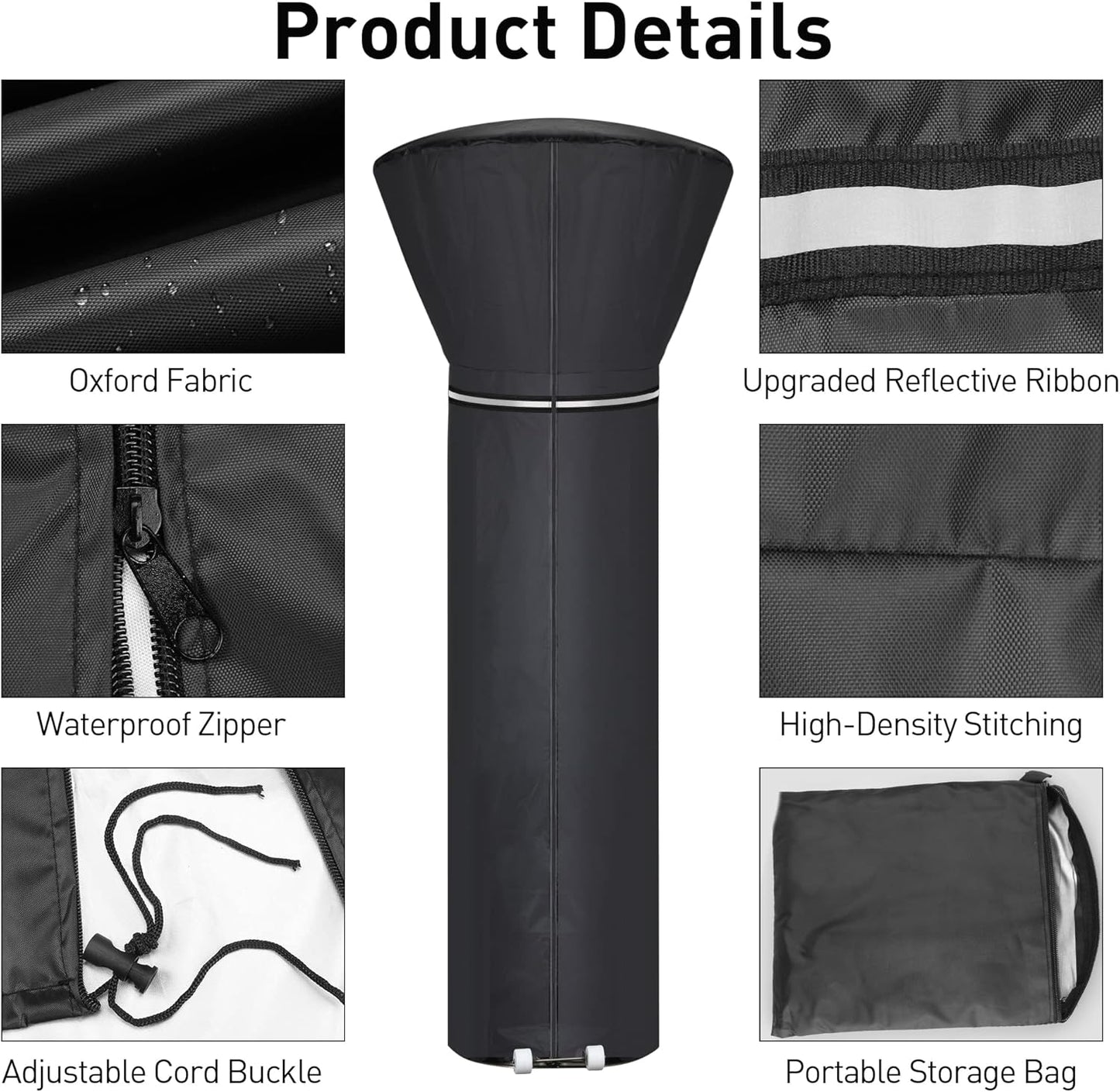 Patio Heater Covers with Reflective Strip,Outdoor Heater Cover Waterproof,Dustproof,Wind-Resistant,Sunlight-Resistant,Snow-Resistant,Black,89.5''x 33.5" Dome x 19.5" Base
